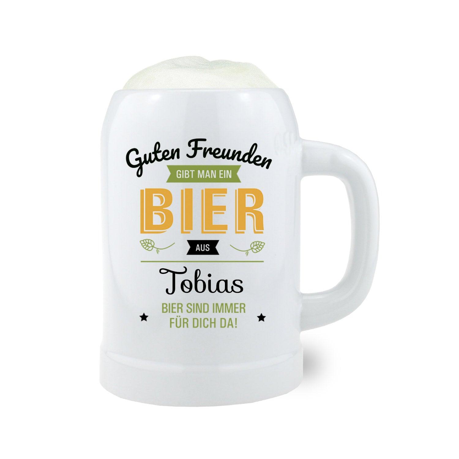 Personalisierter Bierkrug aus Glas mit Henkel und Gravur „Immer für dich da“, ergänzt um individuellen Namen, 0,5 Liter.