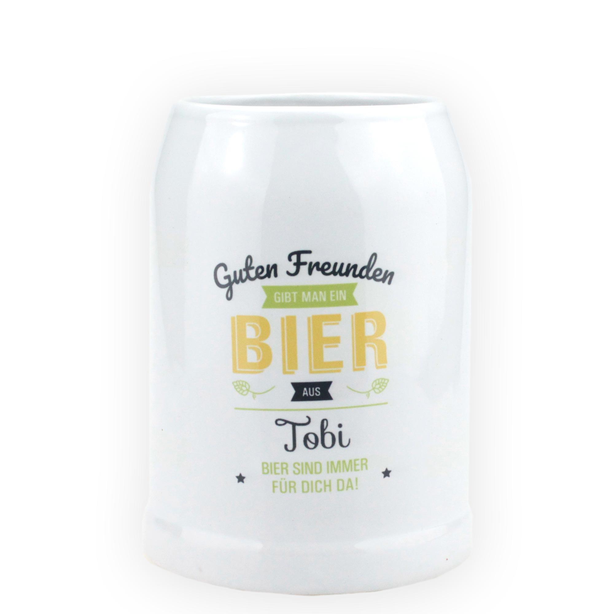 Personalisierter Bierkrug aus Keramik mit Henkel, graviertem Schriftzug „Immer für dich da“ und individuellem Namen.