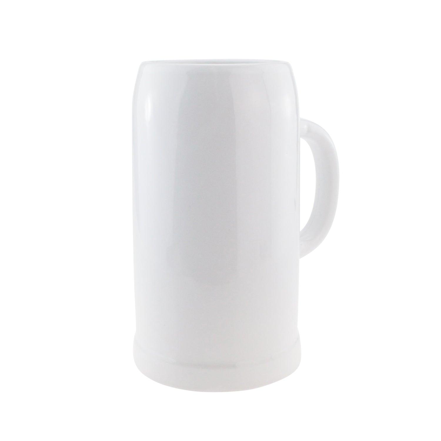 Personalisierbarer Bierkrug aus Steinzeug mit dunkelblauem Motivdruck und individueller Gravur, 1 Liter.