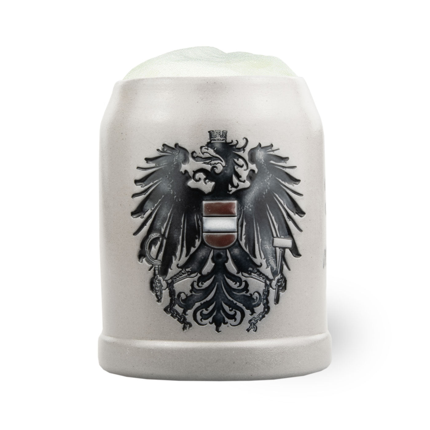 Steinkrug mit schwarz emailliertem Bundeswappen von Österreich, individueller Gravur und echter Salzglasur, 0,5 l