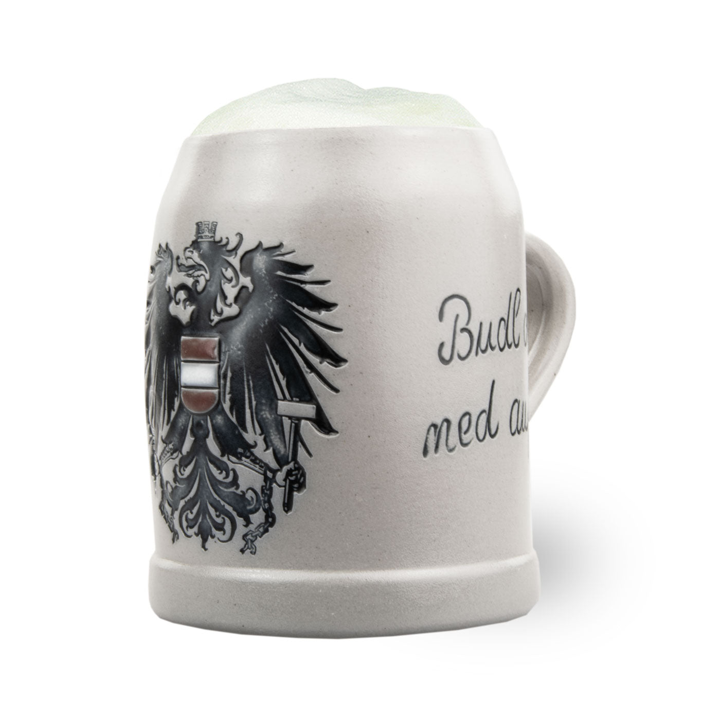 Personalisierbarer Bierkrug aus Steinzeug mit schwarzer Gravur, Österreich-Bundeswappen und Salzglasur, 0,5 Liter.
