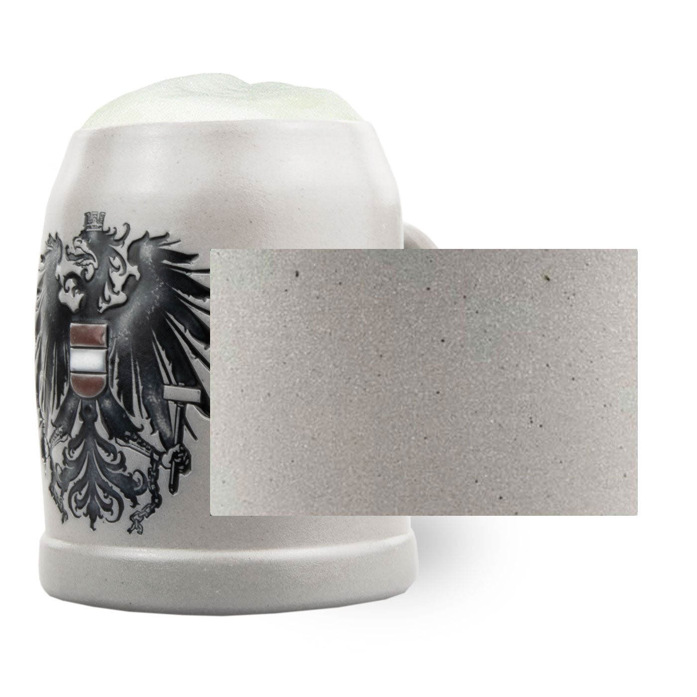 Steinkrug mit österreichischem Bundeswappen und Platz für individuelle Gravur, salzglasiert, 0,5 Liter.