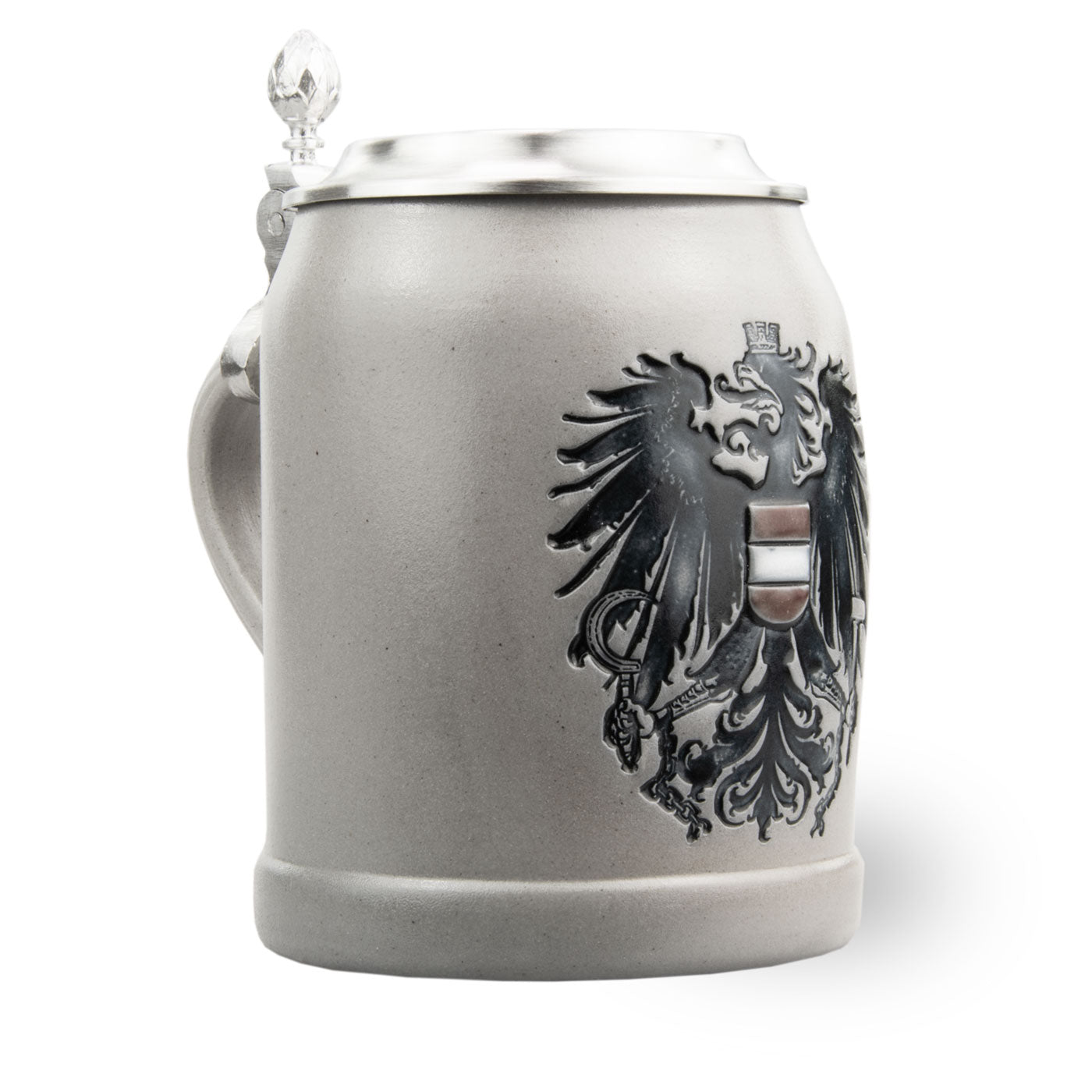 Personalisierter Bierkrug aus Steinzeug mit Zinndeckel, Österreich-Wappen und schwarzer Namensgravur, 0,5 l.