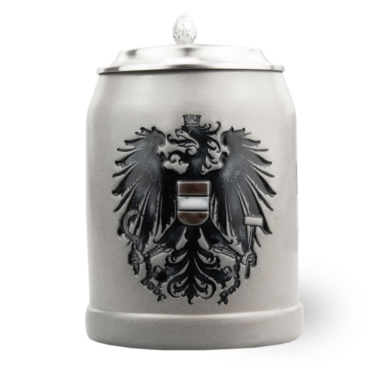 Personalisierter Bierkrug aus Steinzeug mit Zinndeckel, graviertem Wappen Österreich 