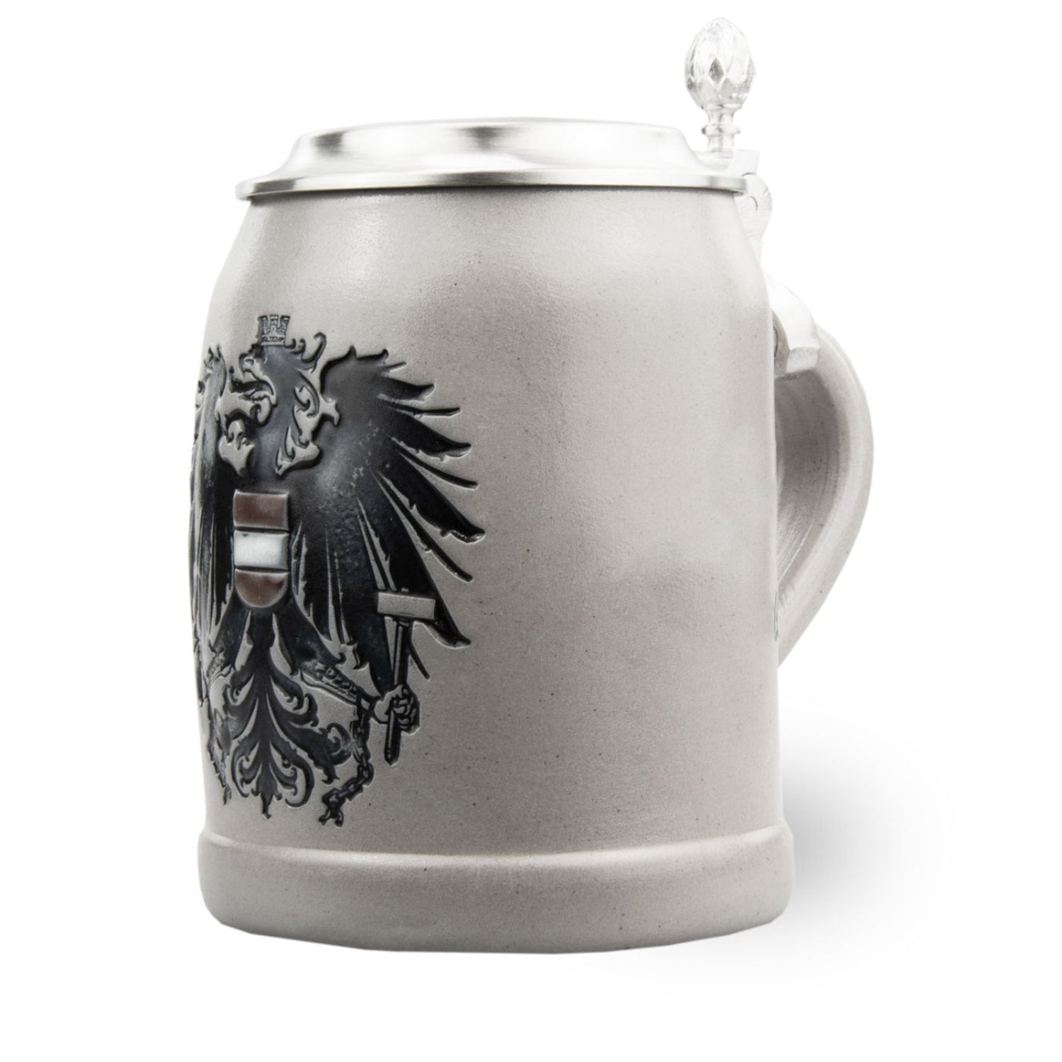 Personalisierter Bierkrug aus Steinzeug mit Zinndeckel, graviertem Wappen Österreich 