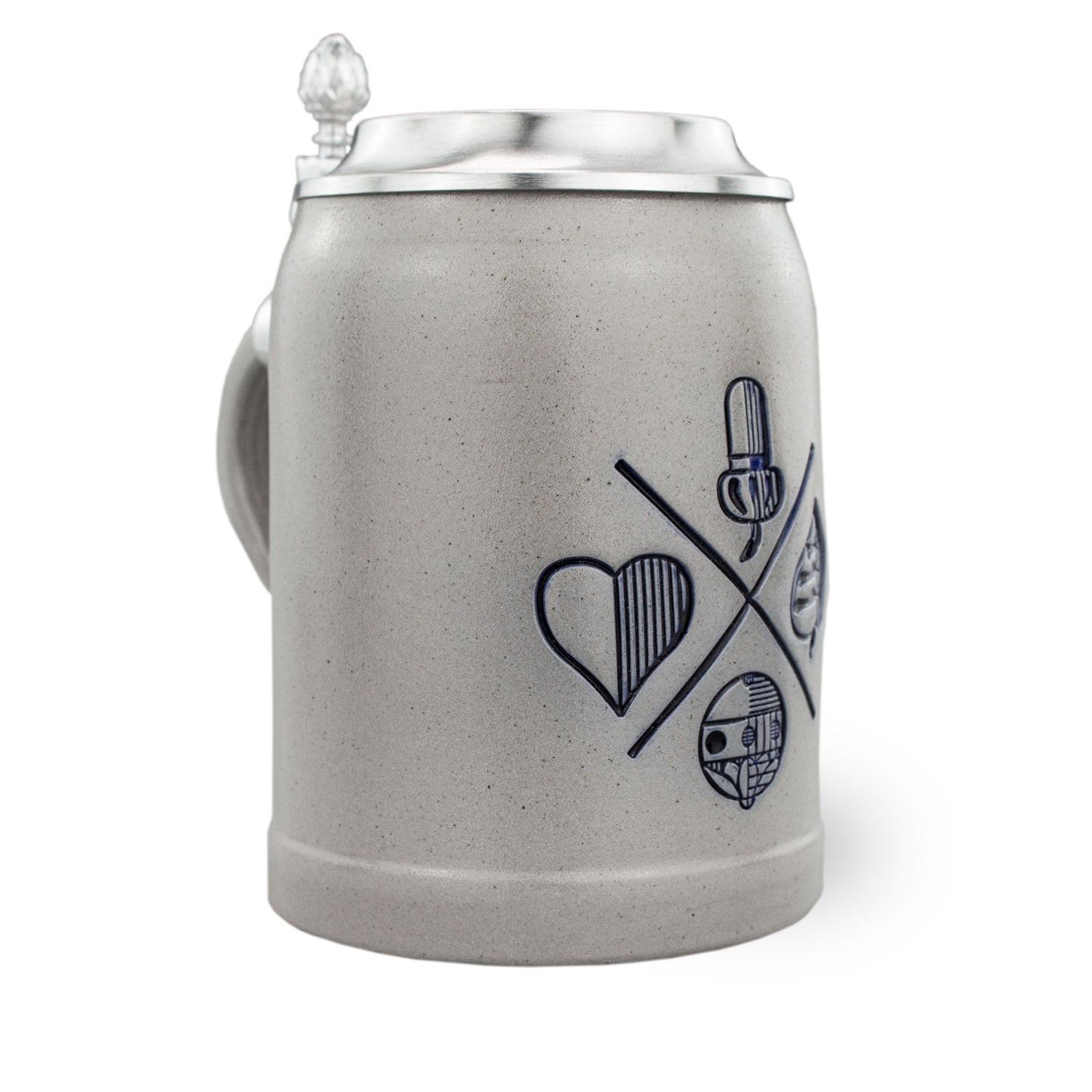 Traditioneller Steinkrug mit gravierbarem Zinndeckel, bayerischem Blatt-Muster und Schriftzug „Schafkopfen“, 0,5 Liter.
