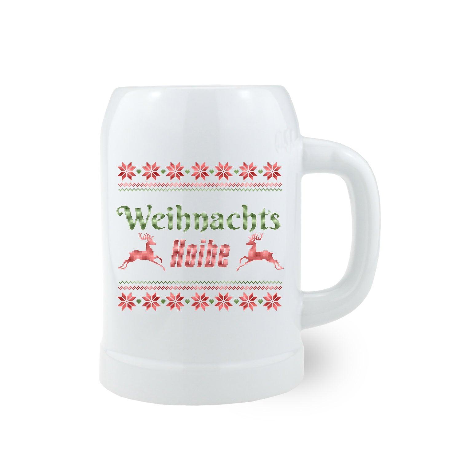 Beiger Steinkrug mit rotem Weihnachtsmotiv, Schriftzug „Weihnachts Hoibe“ und bauchiger Form, 0,5 Liter.