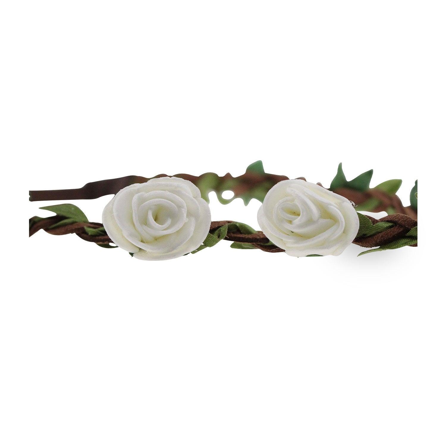 Weißer Blumen-Haarkranz mit Ledergeflecht, elastischem Gummiband und kunstvoll eingearbeiteten Blüten.