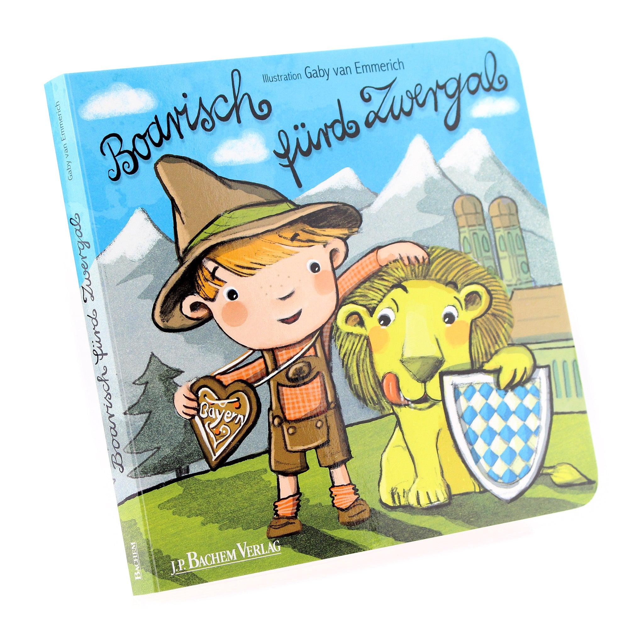 Geschenkbox mit Plüsch-Kuh, Weißwurst-Trinktrainer und Kinderbuch „Boarisch fürs Zwergal“ in Rosa und Weiß.
