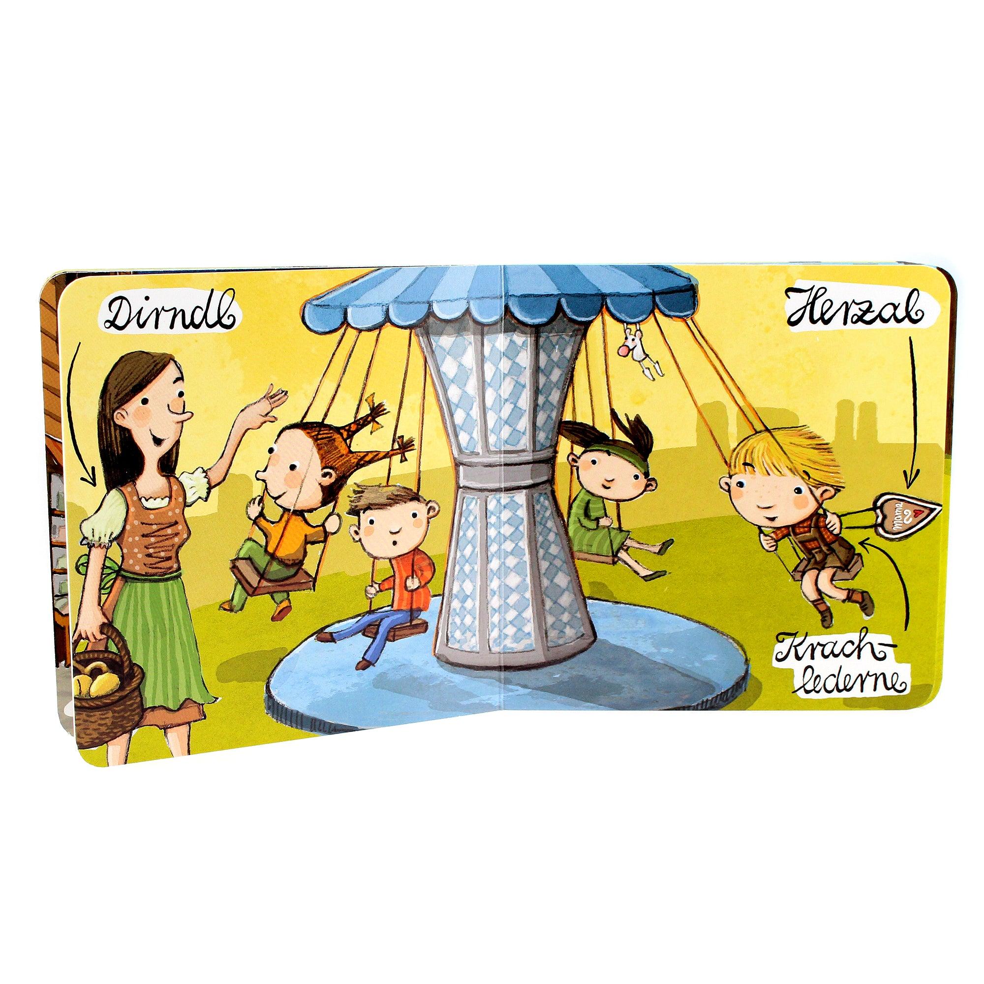 Quadratisches Kinderbuch mit farbenfrohen Illustrationen, bayerischen Begriffen und weiß-blauem Covermotiv, 15 × 15 cm.