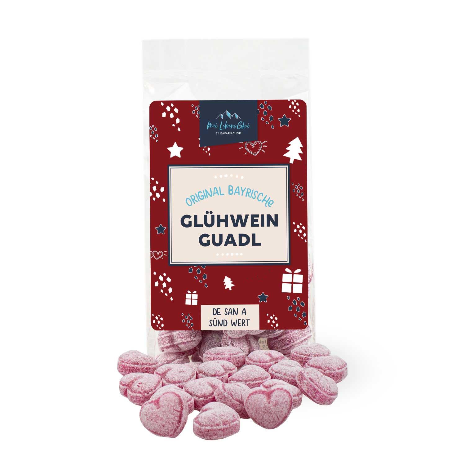 Herzförmige Bonbons ohne Alkohol mit Glühweingeschmack in gemischten Rottönen, 150 g Packung.