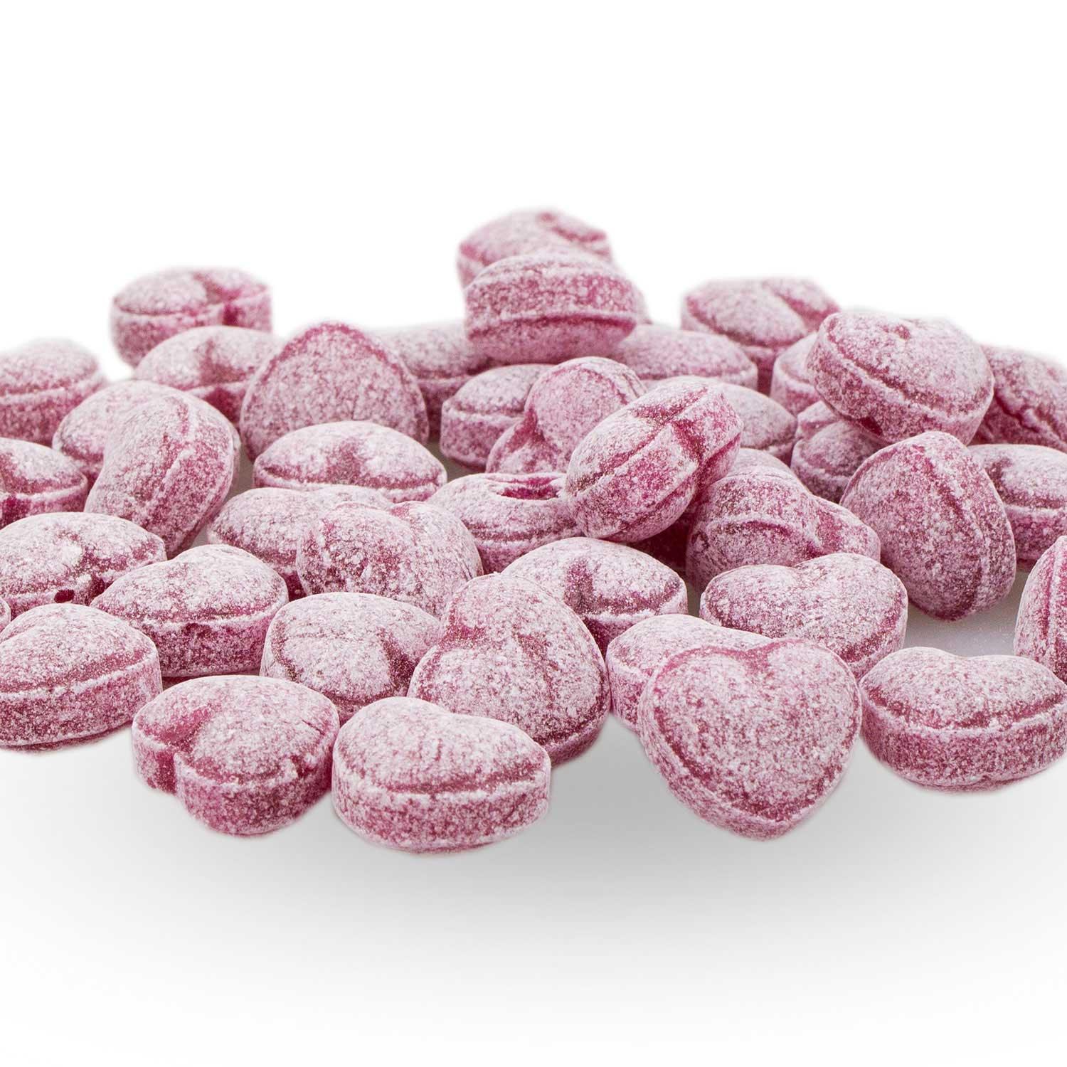 Herzförmige Glühwein-Bonbons ohne Alkohol in Rot- und Rosatönen, 150 g Bonbonmischung mit Zuckergussoptik.