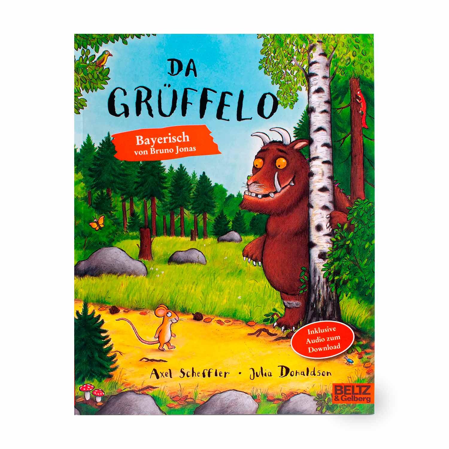 Kinderbuch „Da Grüffelo“ auf Bairisch mit farbiger Cover-Illustration, Hardcover, ca. 15 x 19 cm.