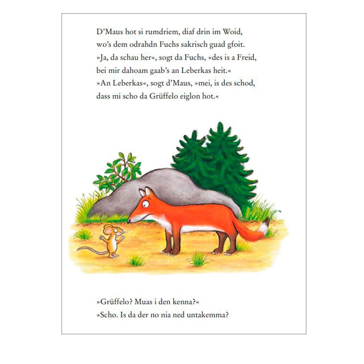 Kinderbuch „Da Grüffelo“ auf Boarisch mit farbigem Cover und Illustration der Hauptfigur, Format ca. 15 x 19 cm.