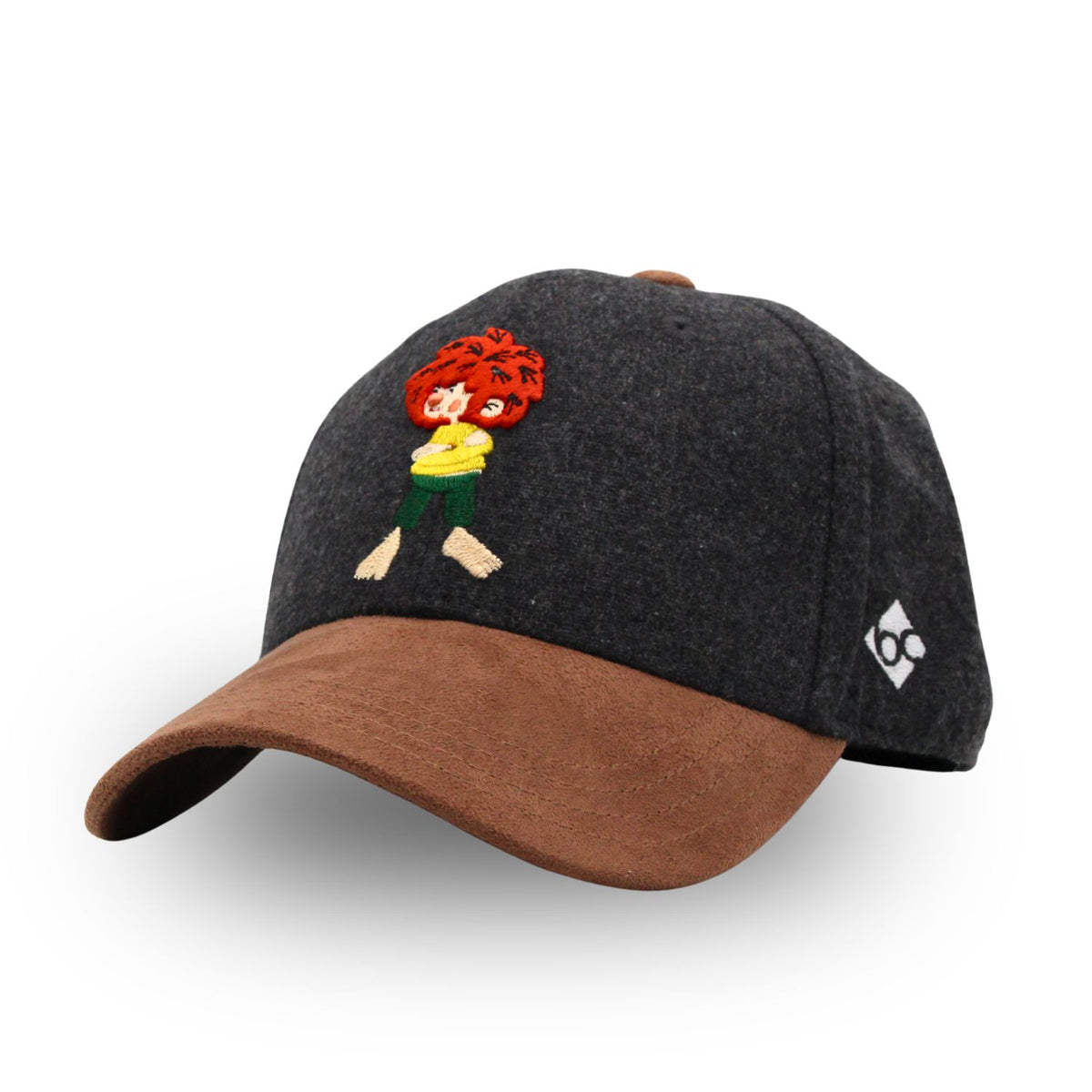 Pumuckl Basecap curved dunkelgrau, Ansicht schräg rechts mit gebogenem braunem Schirm