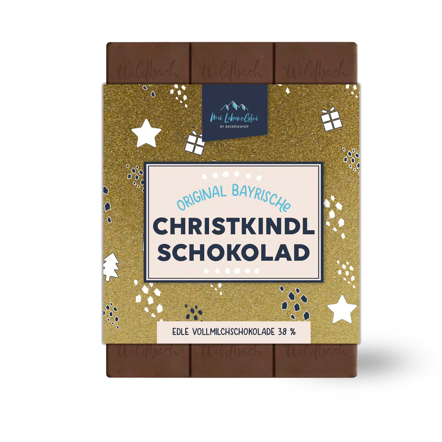 Handgeschöpfte Vollmilchschokolade in rechteckiger Tafel mit goldfarbenem Christkindl-Motiv, 70 g.