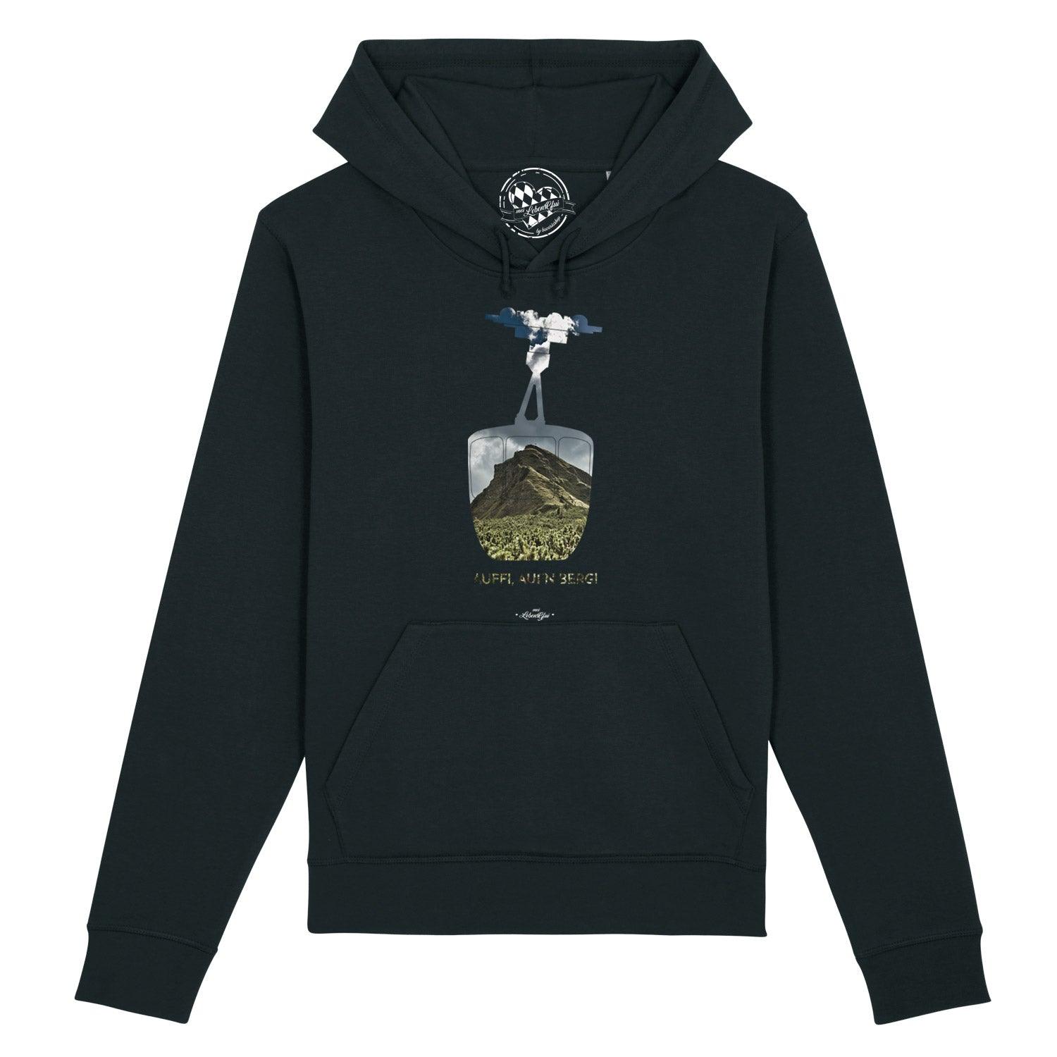 Damen Hoodie in Dunkelblau mit weißem Frontprint „Auffi, aufn Berg!“, Kapuze, Kängurutasche, Bio-Baumwollmix.