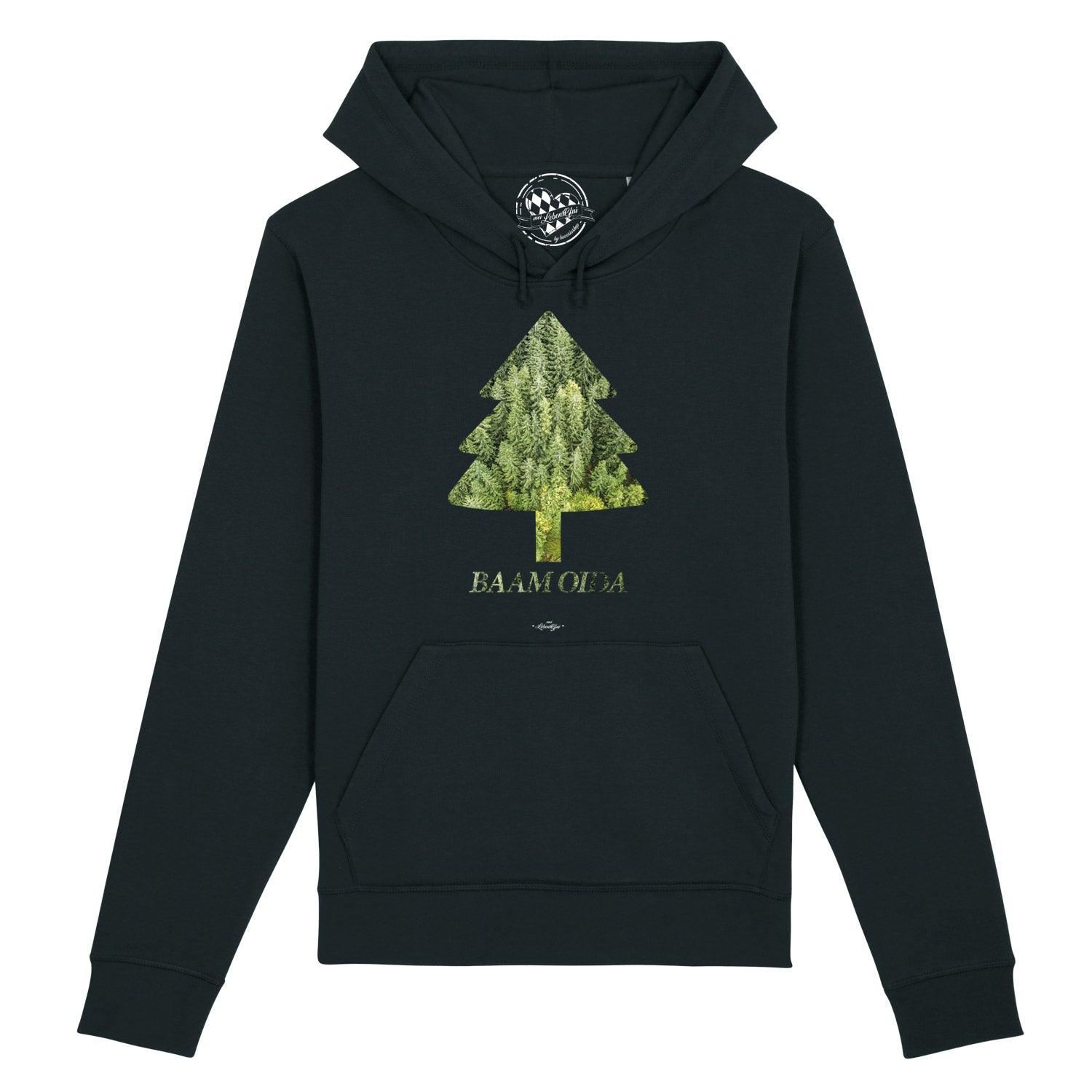 Damen Hoodie in Dunkelblau mit weißem Frontprint „BAAM OIDA“, Kapuze, Kängurutasche, Bio-Baumwollmix.