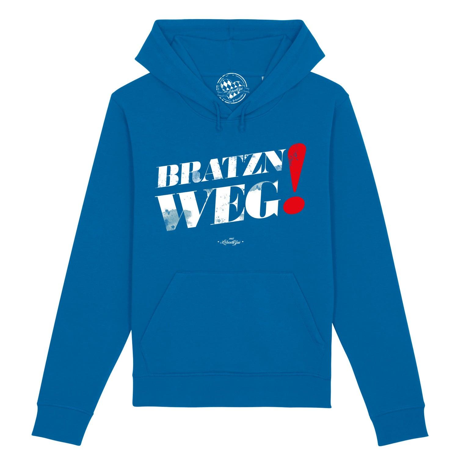 Damen Hoodie in Rosa mit weißem Frontprint „Bratzn weg“, Kapuze und Kängurutasche, aus Bio-Baumwollmix.