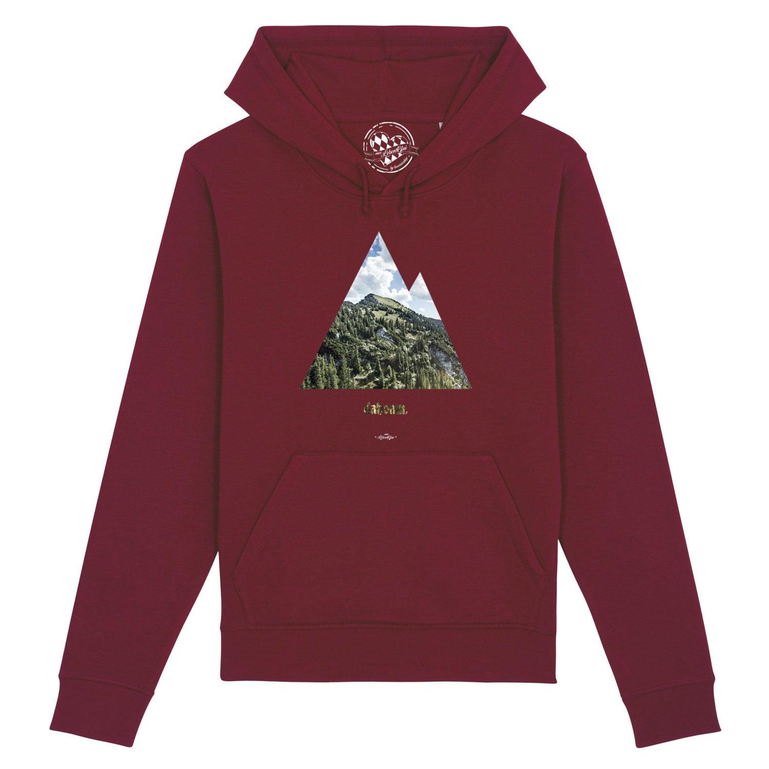 Damen Hoodie in Fuchsia mit weißem "dahoam"-Schriftzug, Kapuze, Kängurutasche, Bio-Baumwolle-Mix.