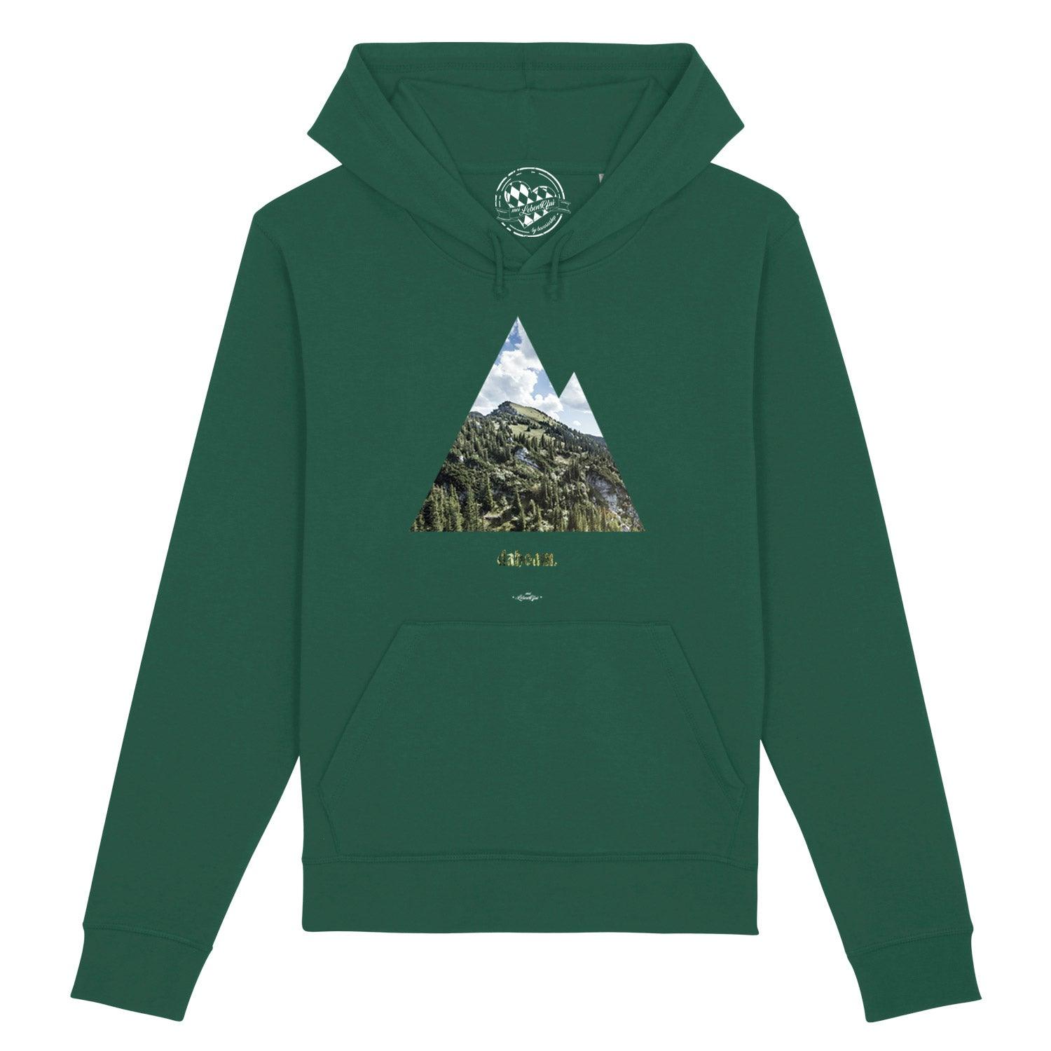 Dunkelblauer Damen-Hoodie mit weißem „dahoam“-Schriftzug, Kapuze und Kängurutasche; Bio-Baumwollmischung.