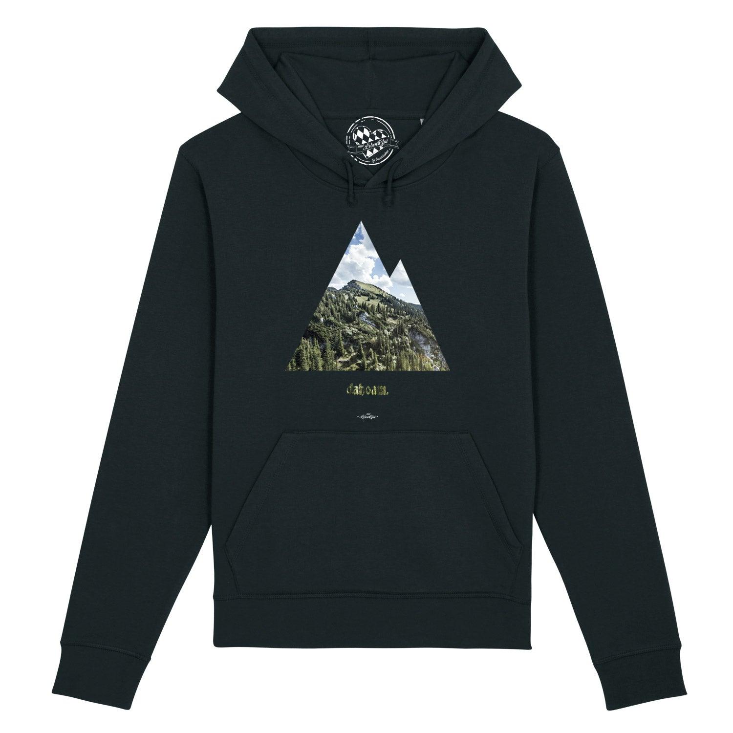 Damen Hoodie in Beige mit braunem „dahoam“-Schriftzug, Kapuze, Kängurutasche; Bio-Baumwolle, recyceltes Polyester.