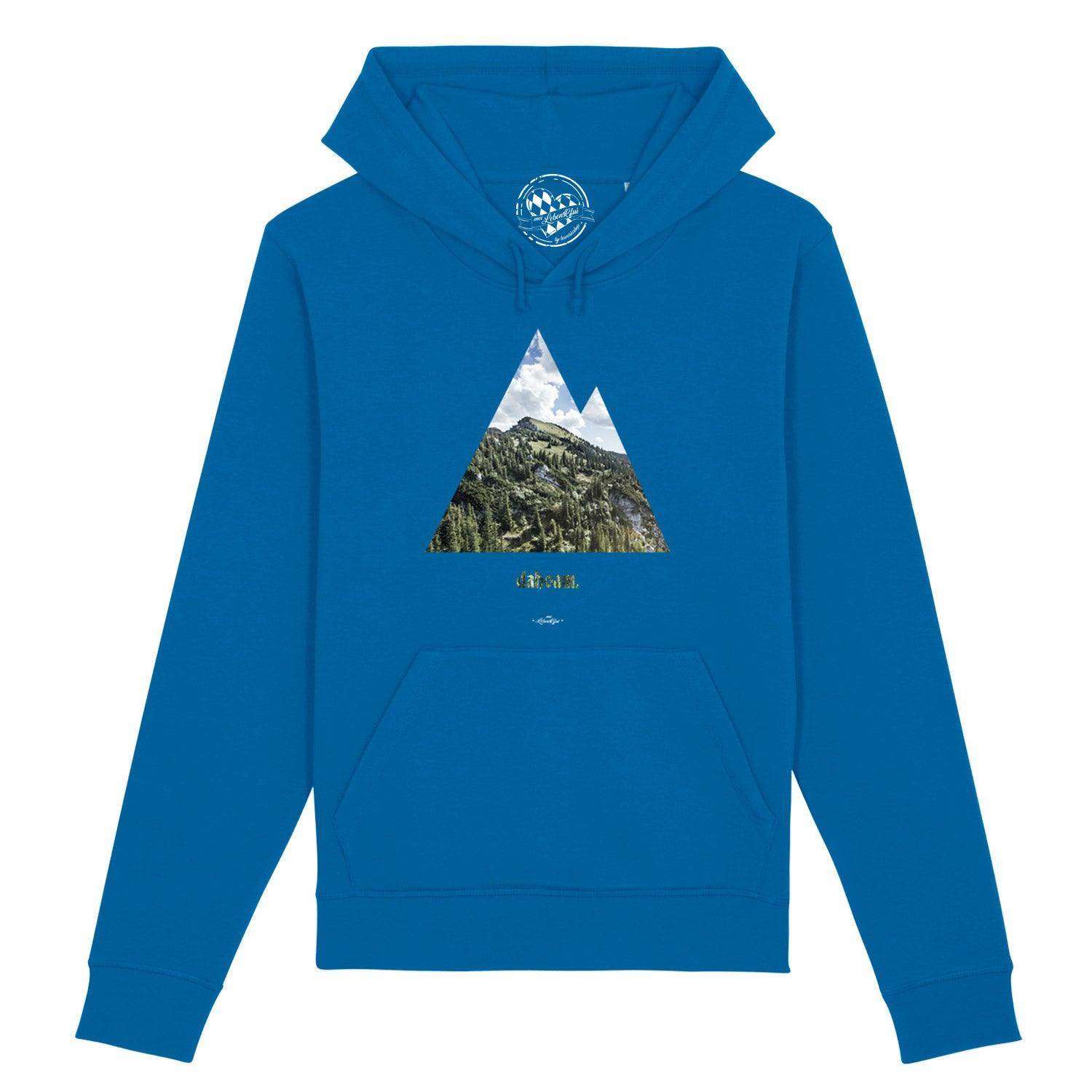 Damen Hoodie in Dunkelblau mit weißem „dahoam“-Schriftzug, Kapuze, Kängurutasche, Bio-Baumwolle-Mix.