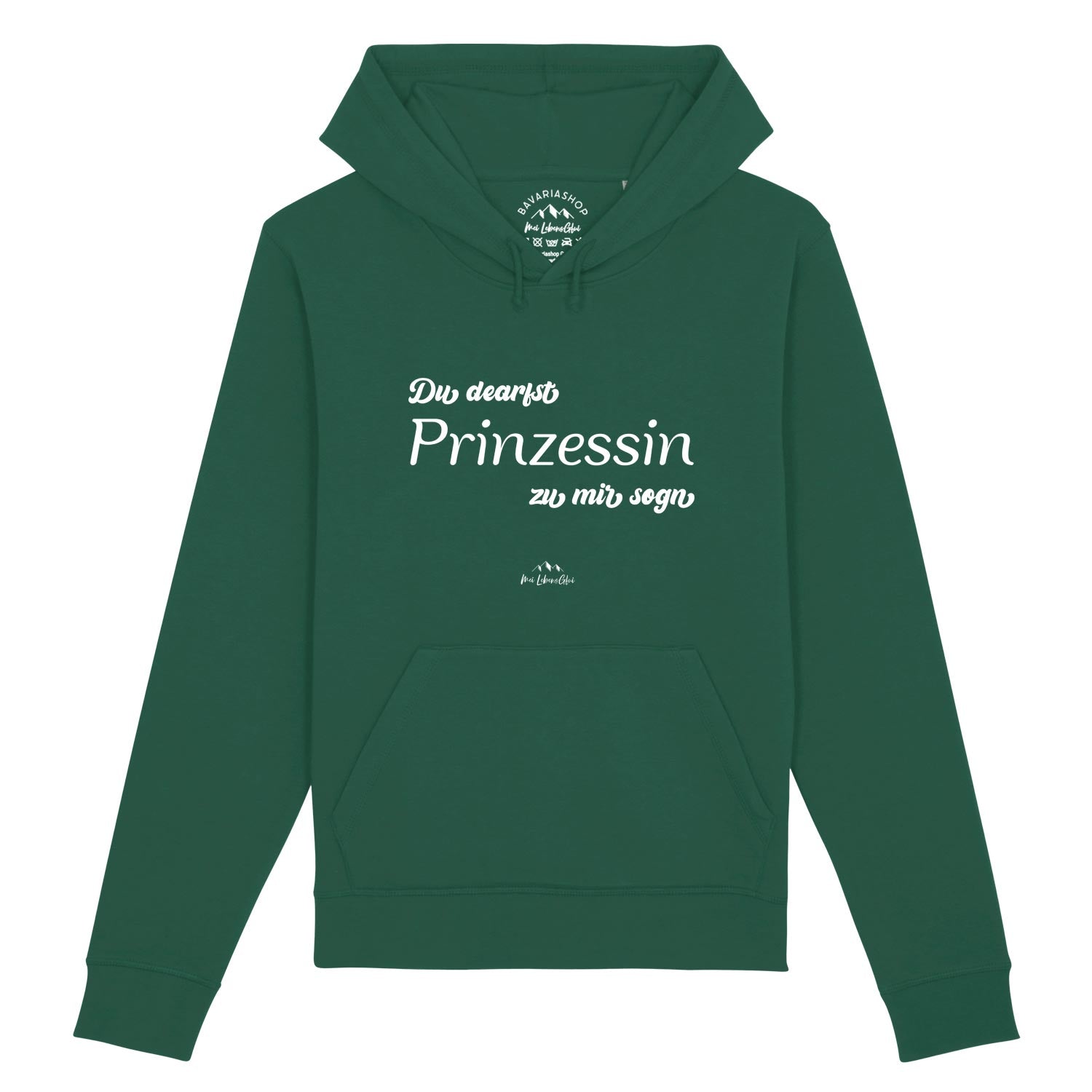 Damen Hoodie mit Kapuze und Frontschriftzug „Du dearfst Prinzessin zu mir sogn“, aus Bio-Baumwollmix.