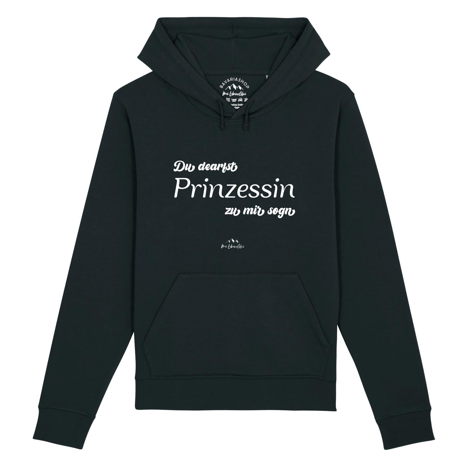 Damen Hoodie mit Frontprint „Du dearfst Prinzessin zu mir sogn“, Kapuze, Kordelzug, Bio-Baumwollmix, Schwarz.