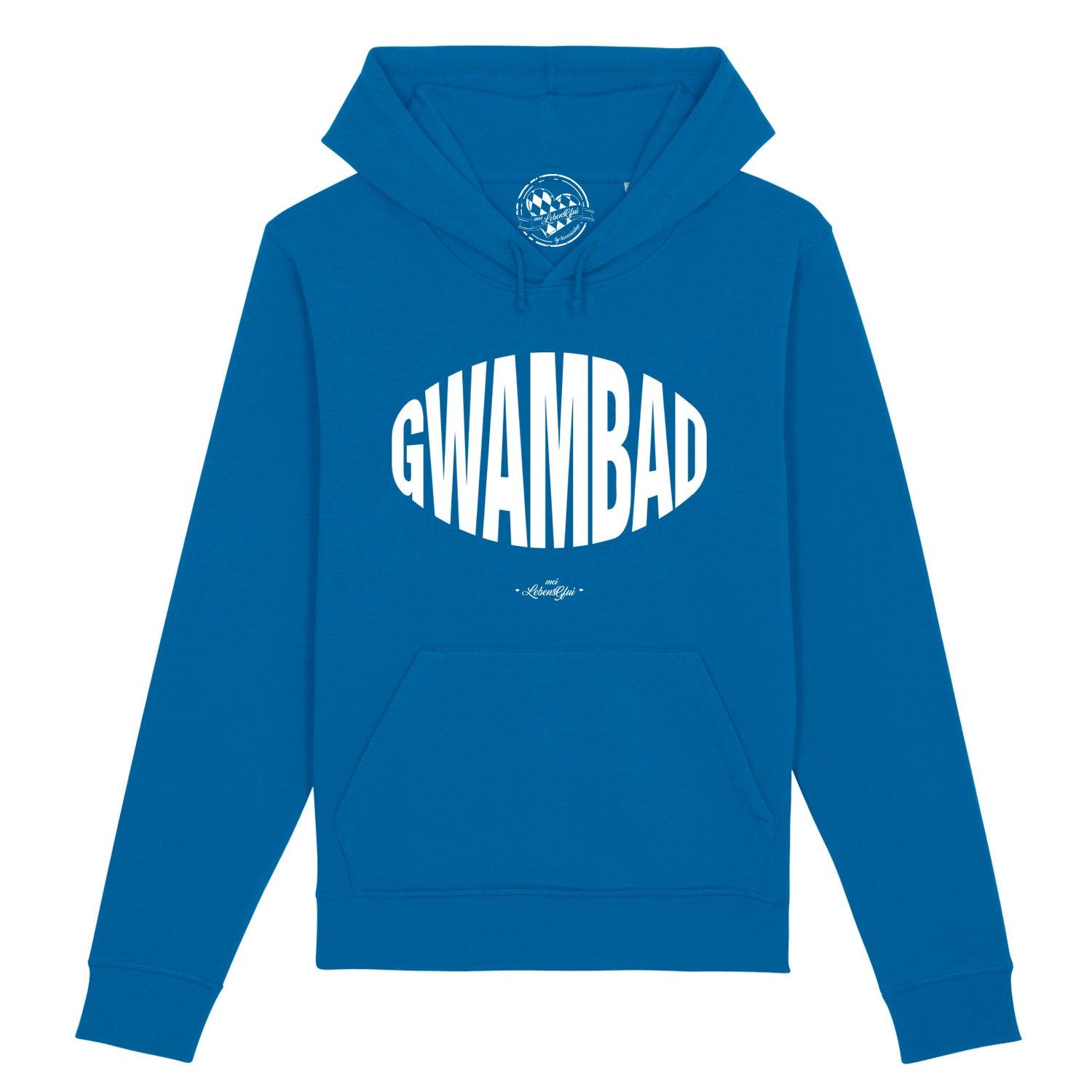 Damen Hoodie in Dunkelgrau mit Kapuze, Kordelzug und weißem „Gwambad“-Schriftzug in bayerischer Mundart; Bio-Baumwolle, recycelter Polyester.
