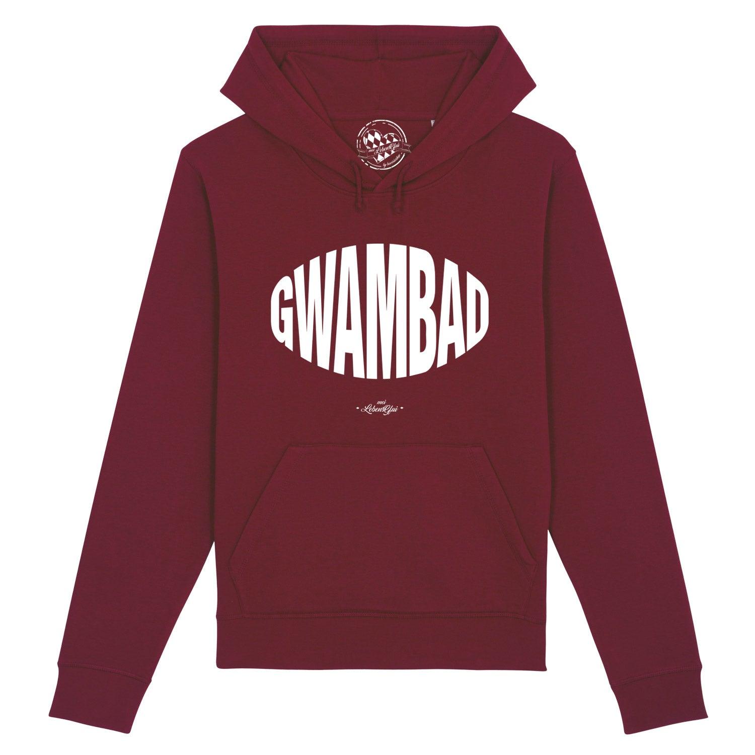 Damen Hoodie in Altrosa mit Kapuze, Frontprint „Gwambad“, Kängurutasche, Bio-Baumwolle, leicht taillierter Schnitt.