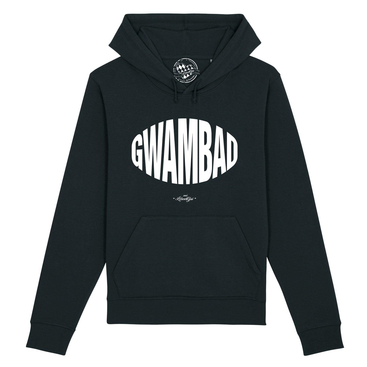 Damen Hoodie in Altrosa mit Frontprint „Gwambad“ in weiß, Kapuze und Kängurutasche; Bio-Baumwolle, recyceltes Polyester.