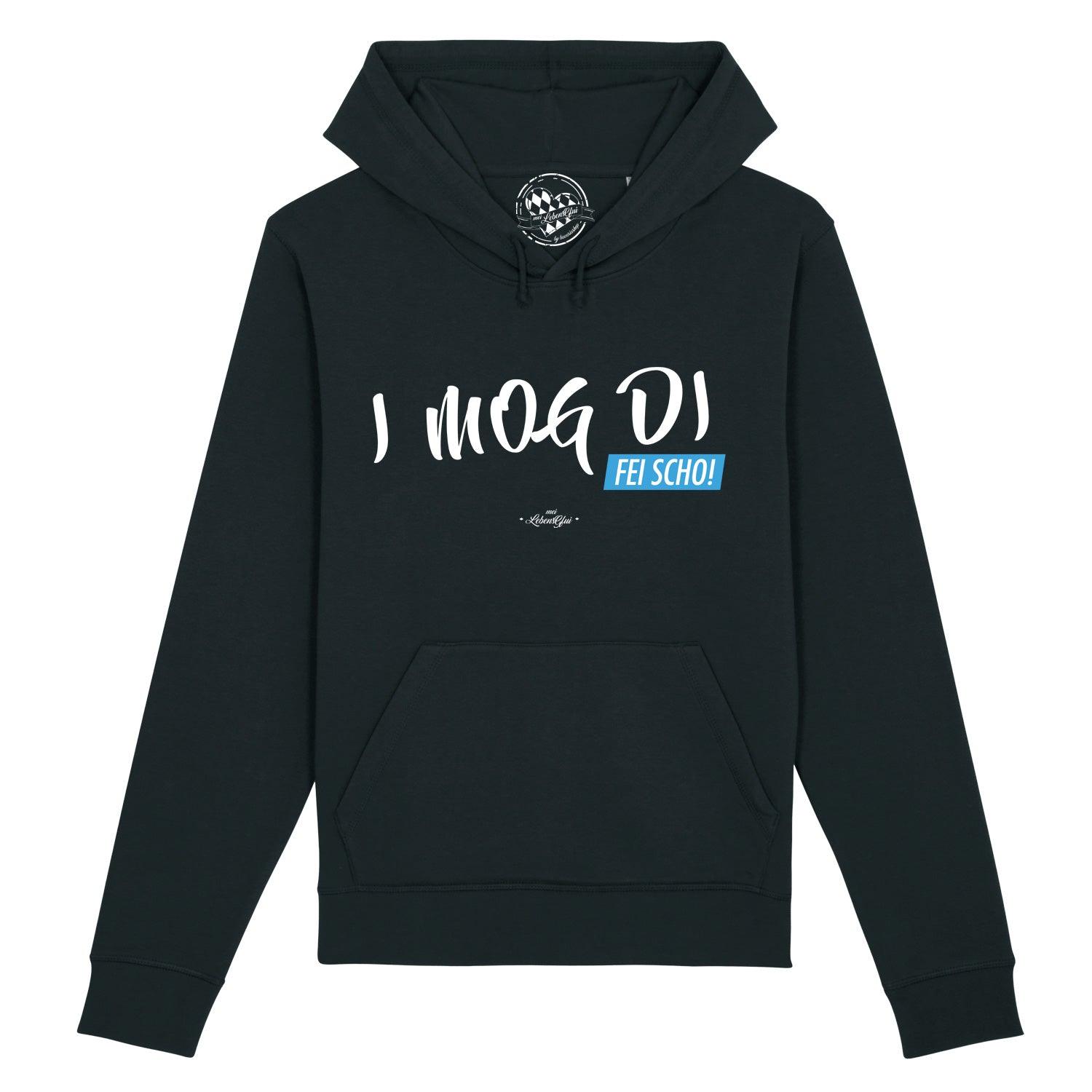 Damen Hoodie in Dunkelblau mit weißem Schriftzug „I MOG DI, fei scho“, Kapuze, Kordelzug und Kängurutasche; Bio-Baumwolle.