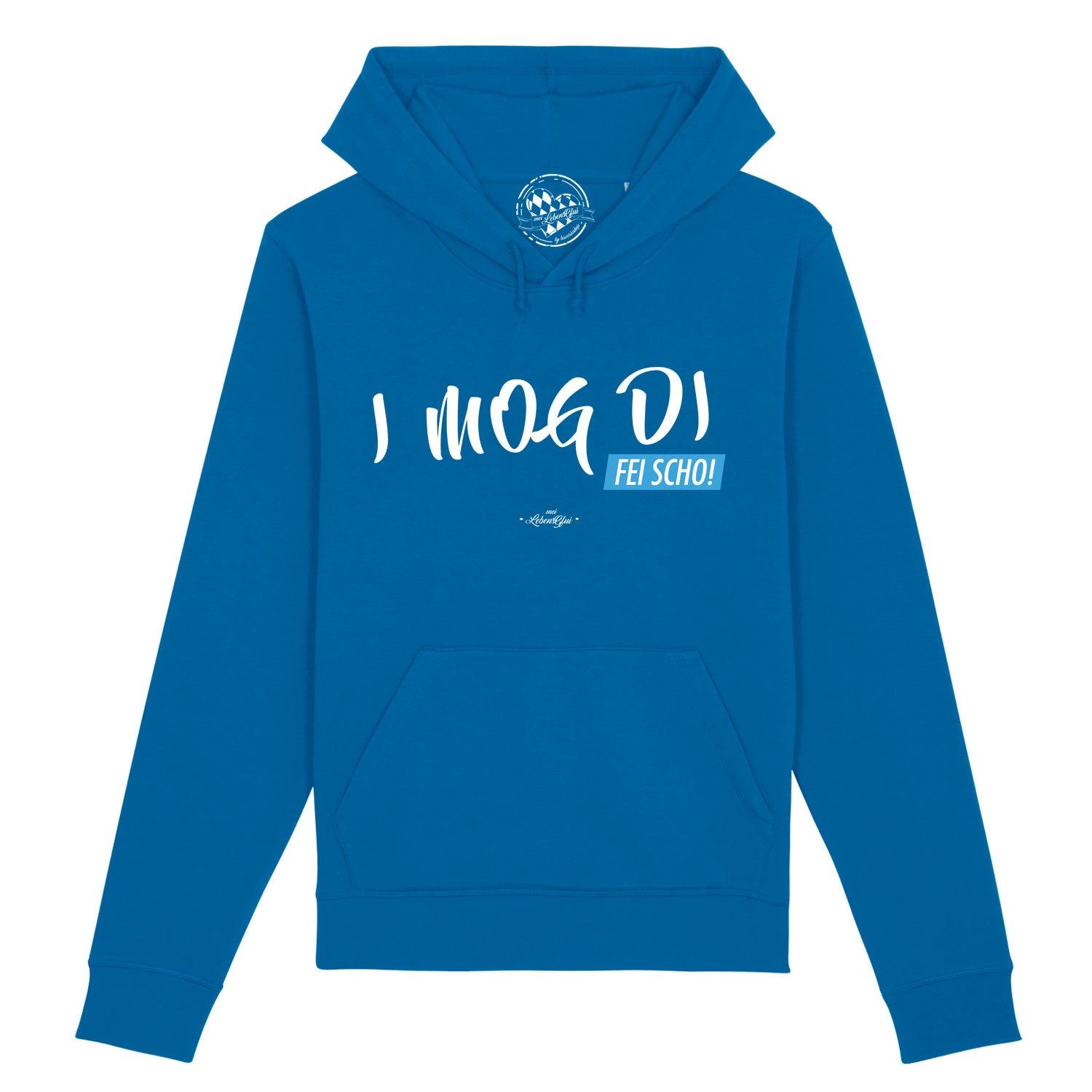 Damen Hoodie in Rosa mit Kapuze, Front-Schriftzug „I MOG DI, fei scho“, weicher Bio-Baumwollmix.