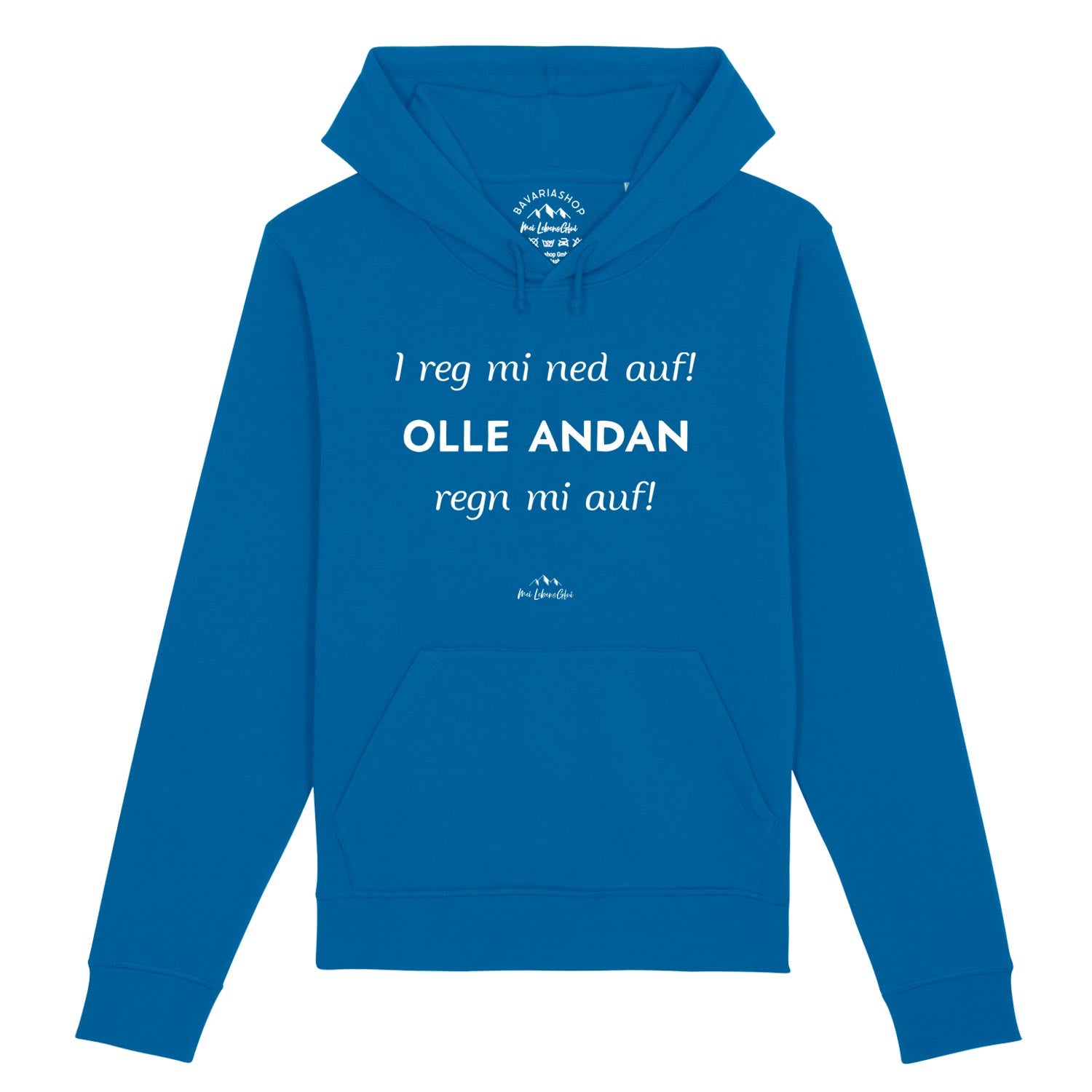 Damen Hoodie mit weißem Schriftzug „I reg mi ned auf...“ auf der Brust, aus Bio-Baumwolle und recyceltem Polyester.