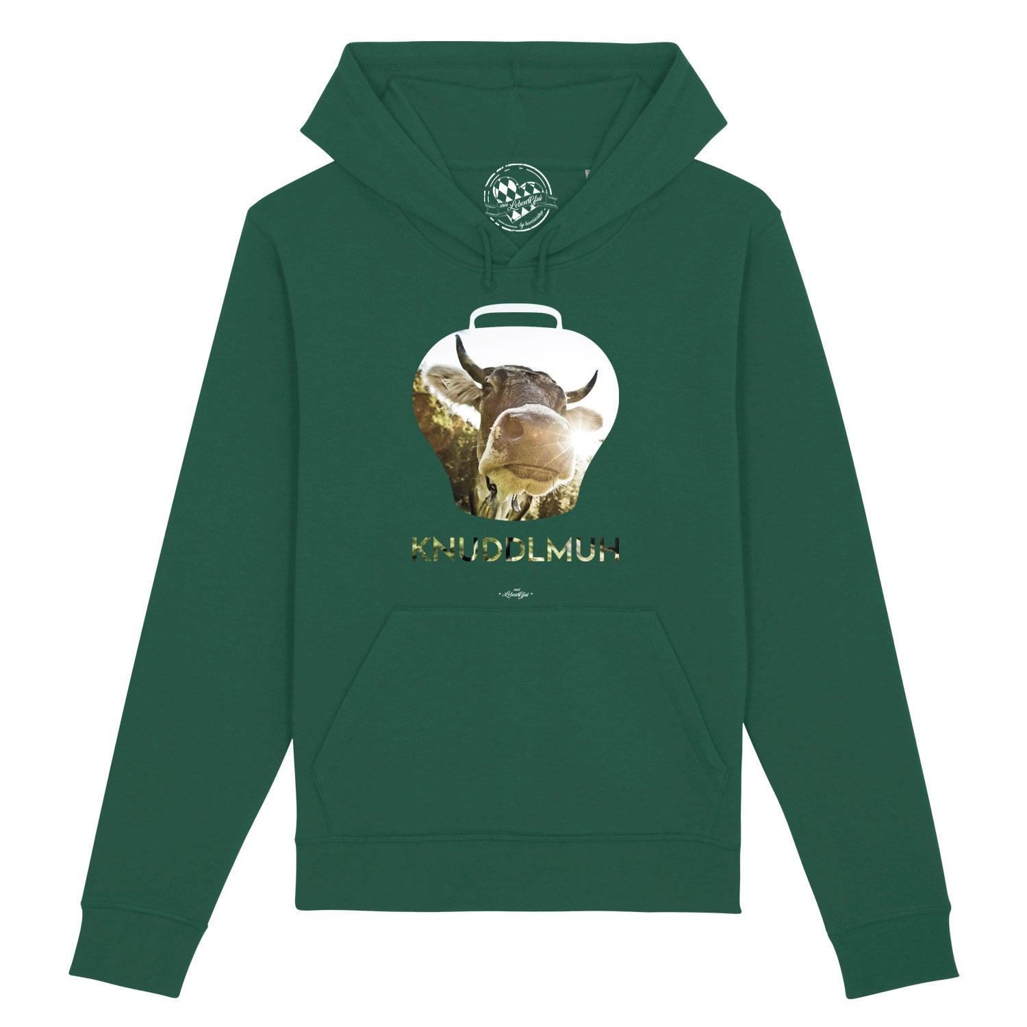 Damen Hoodie in Beige mit Kapuze, Kängurutasche und schwarzem Schriftzug „Knuddlmuh“ auf der Brust, Bio-Baumwolle.