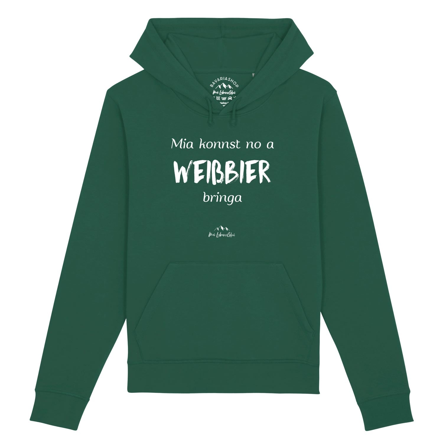 Damen Hoodie mit bayerischem Schriftzug „Mia konnst no a Weißbier bringa“, dunkel, mit Kapuze und Kängurutasche, aus Bio-Baumwolle.
