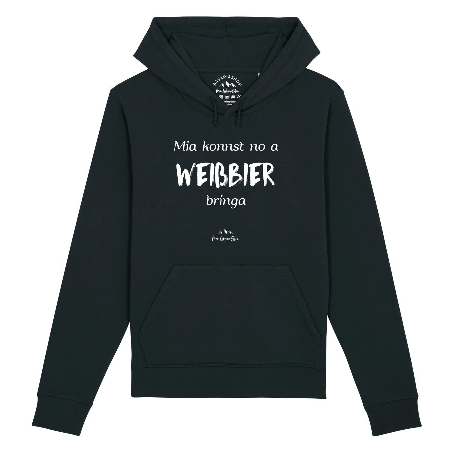 Damen Hoodie mit Frontprint „Mia konnst no a Weißbier bringa“, Kapuze mit Kordelzug, Bio-Baumwollmix, schwarz.