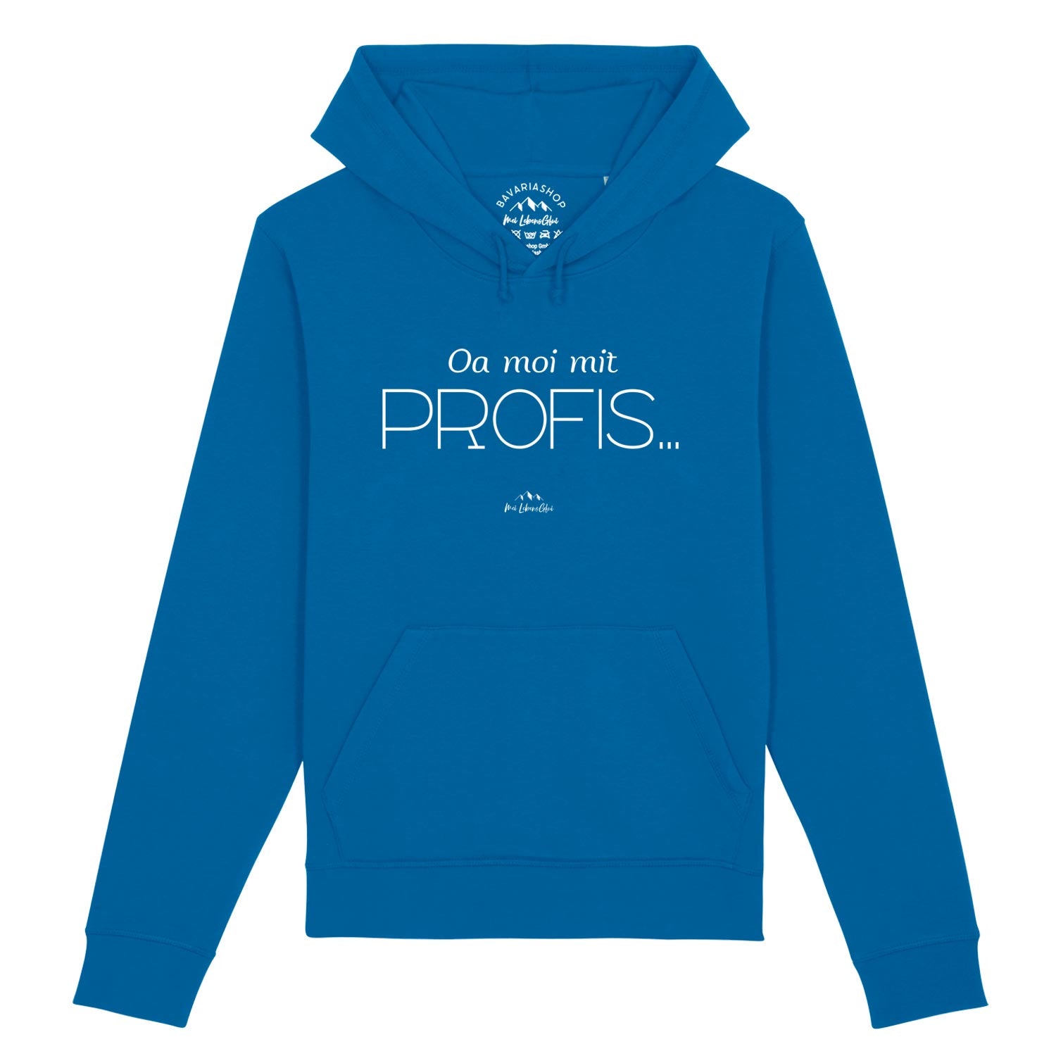 Damen Hoodie mit Kapuze und Schriftzug „Oa moi mit Profis!“, in Royalblau, aus Bio-Baumwolle und recyceltem Polyester.