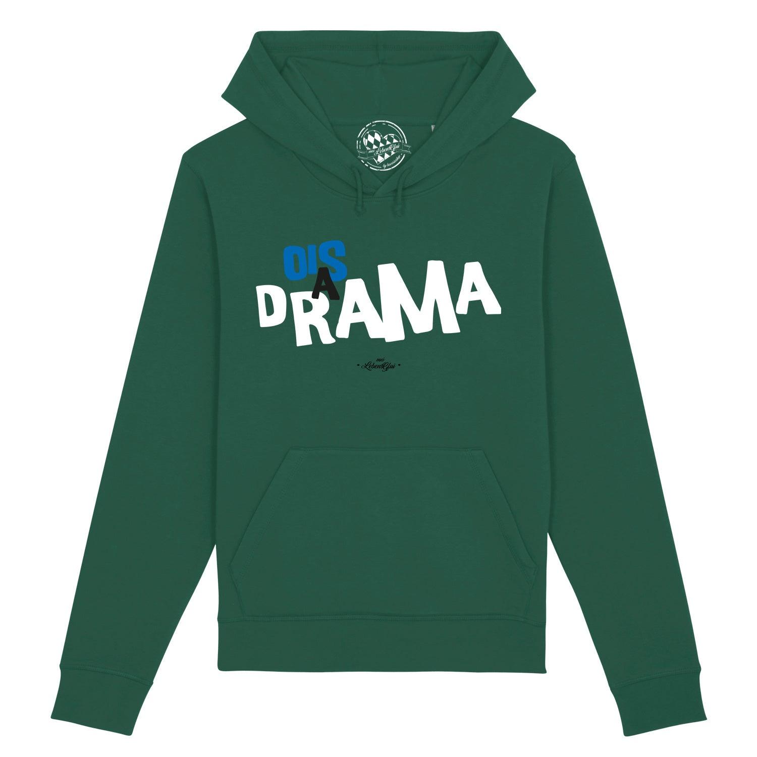 Damen Hoodie mit weißem Frontprint „Ois a Drama“, Kapuze mit Kordel, Kängurutasche, Bio-Baumwolle-Mix.