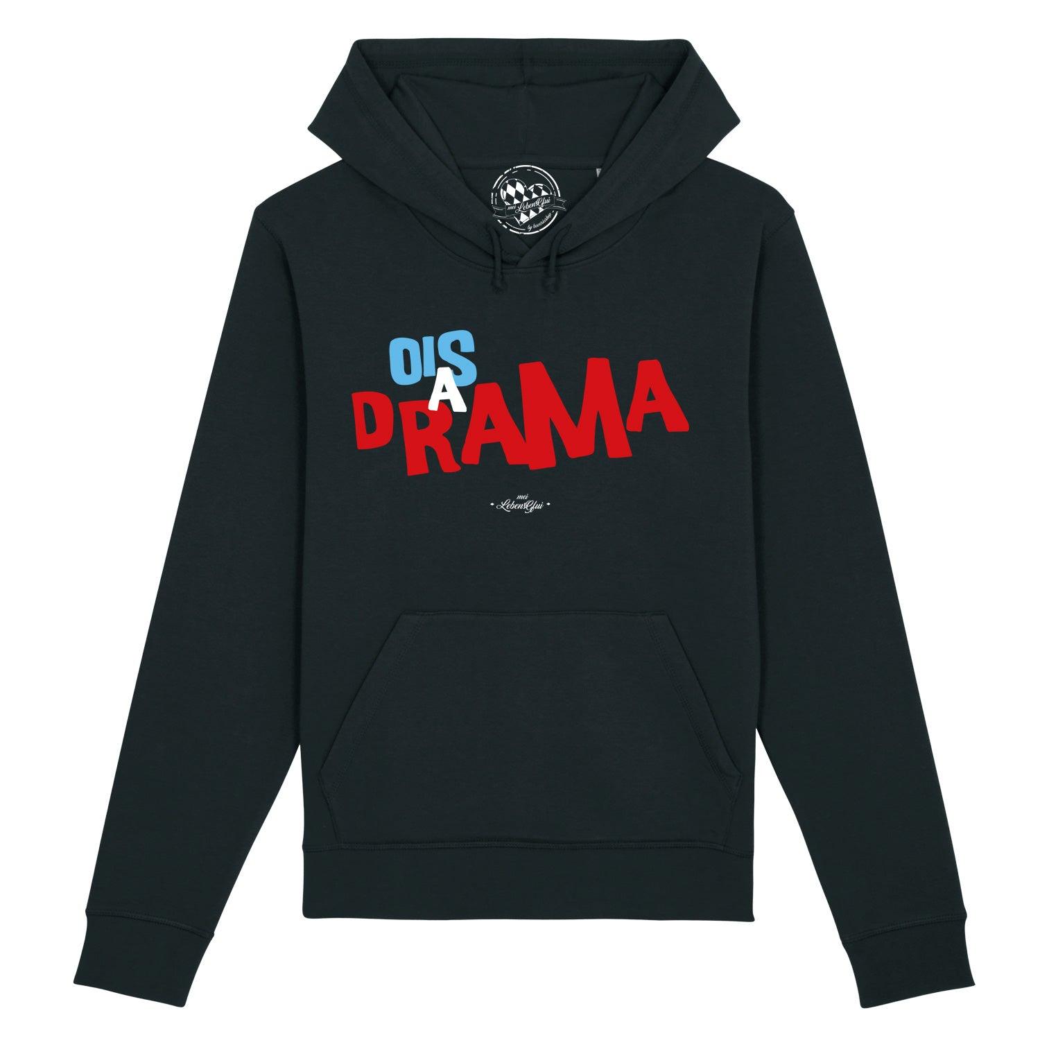 Damen Hoodie in Dunkelblau mit weißem Frontprint „Ois a Drama“, Kapuze und Kängurutasche; Bio-Baumwollmix.