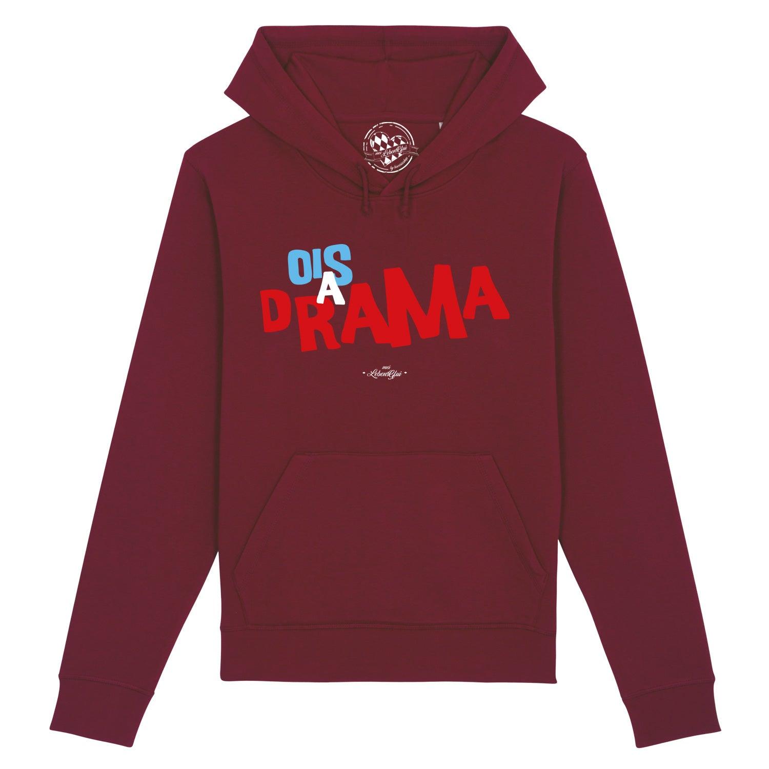 Damen Hoodie in Rosa mit weißem Schriftzug „Ois a Drama“, Kapuze, Kängurutasche, Bio-Baumwollmix.