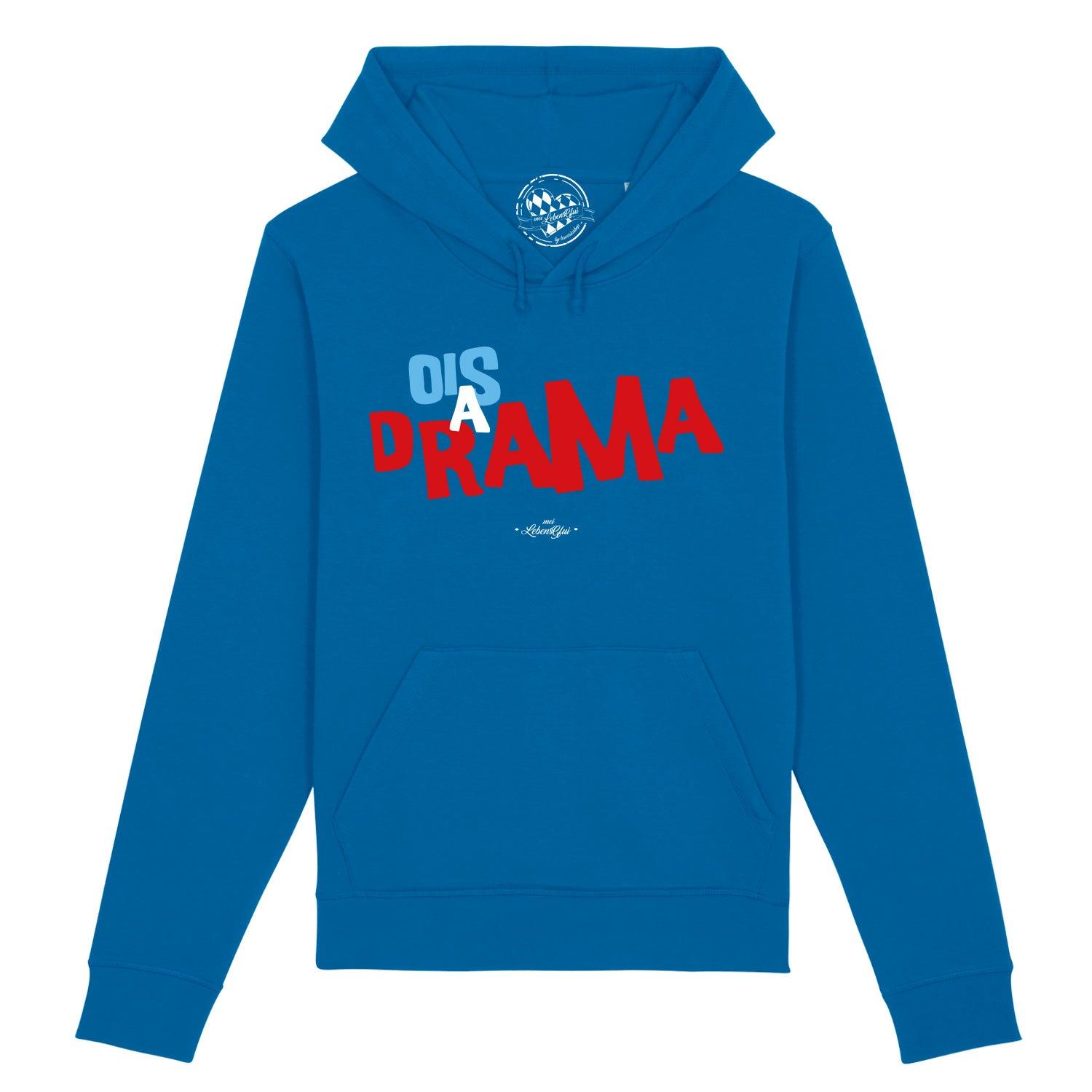 Damen Hoodie in Anthrazit mit weißem Frontprint „Ois a Drama“, Kapuze, Kängurutasche, Bio-Baumwollmix.