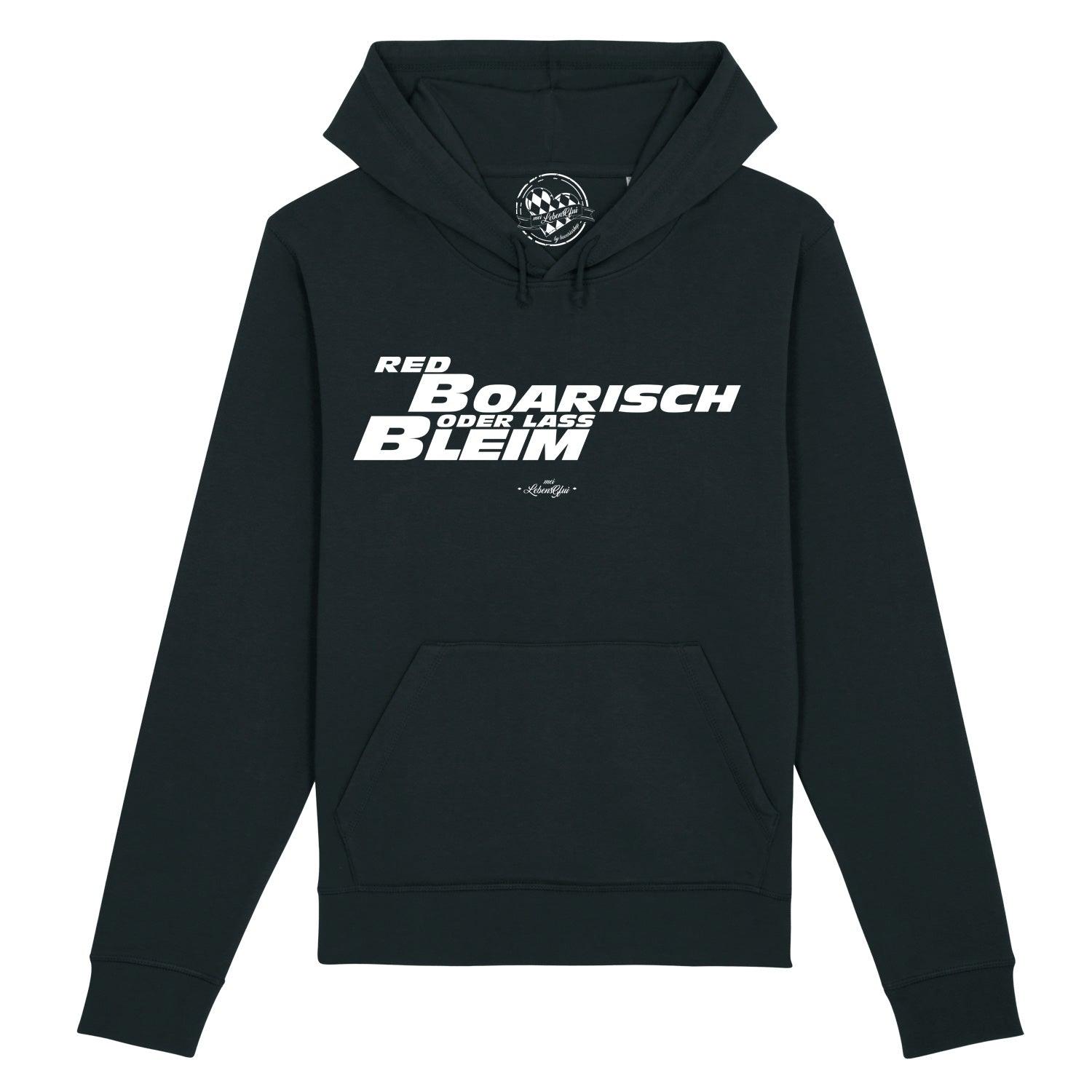 Damen-Hoodie mit weißem „boarisch“-Schriftzug, Kapuze, Kängurutasche, aus Bio-Baumwolle und Recycling-Polyester.