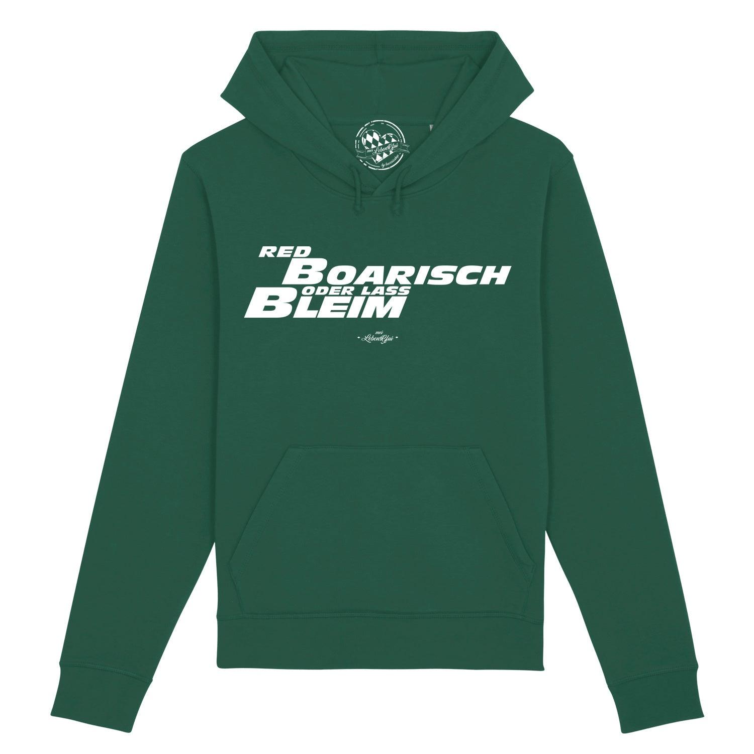 Damen-Hoodie mit weißem „boarisch“-Schriftzug, Kapuze und Kängurutasche aus Bio-Baumwolle-Mix.