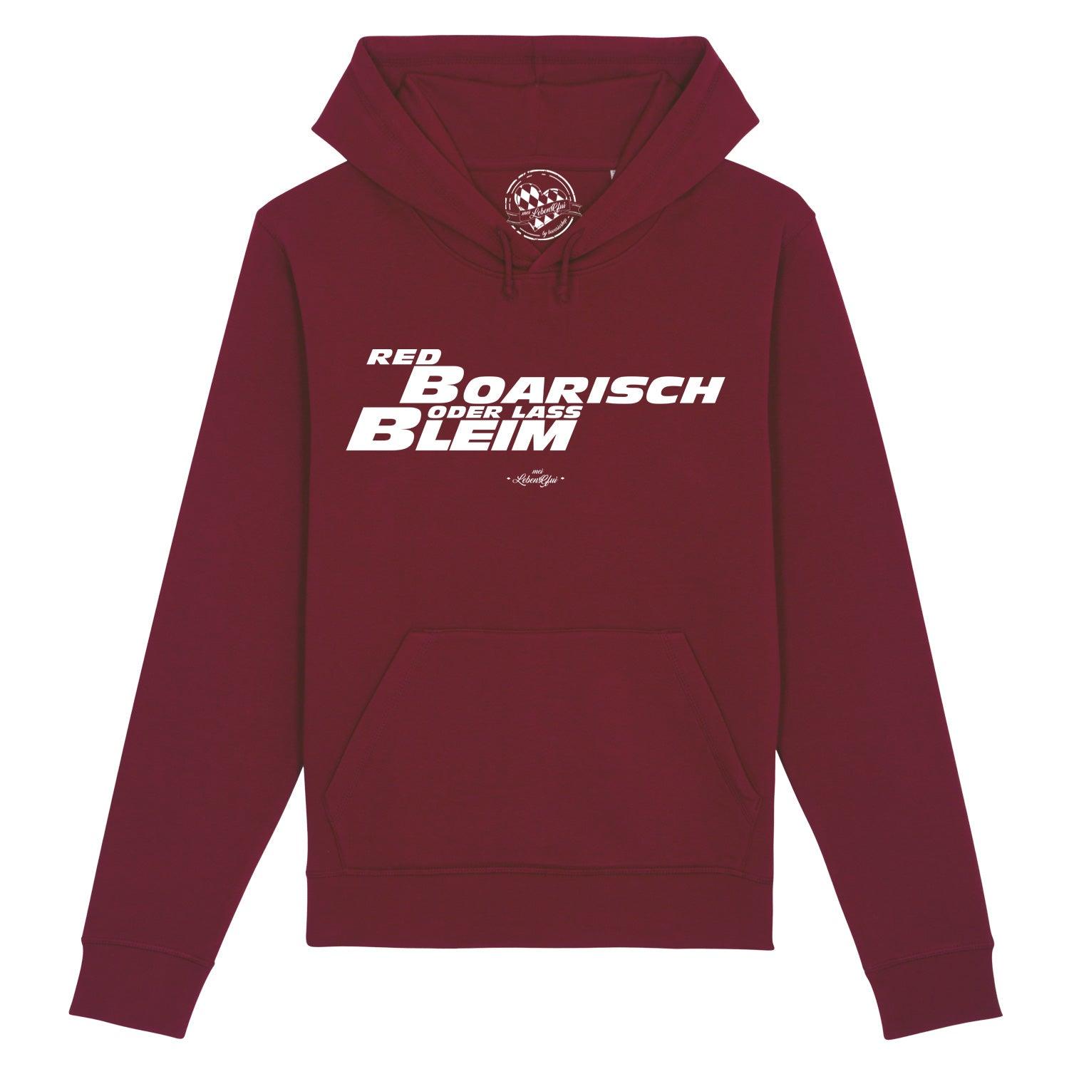 Damen-Hoodie mit weißem „boarisch“-Schriftzug, Kapuze und Kängurutasche aus Bio-Baumwolle-Mix.