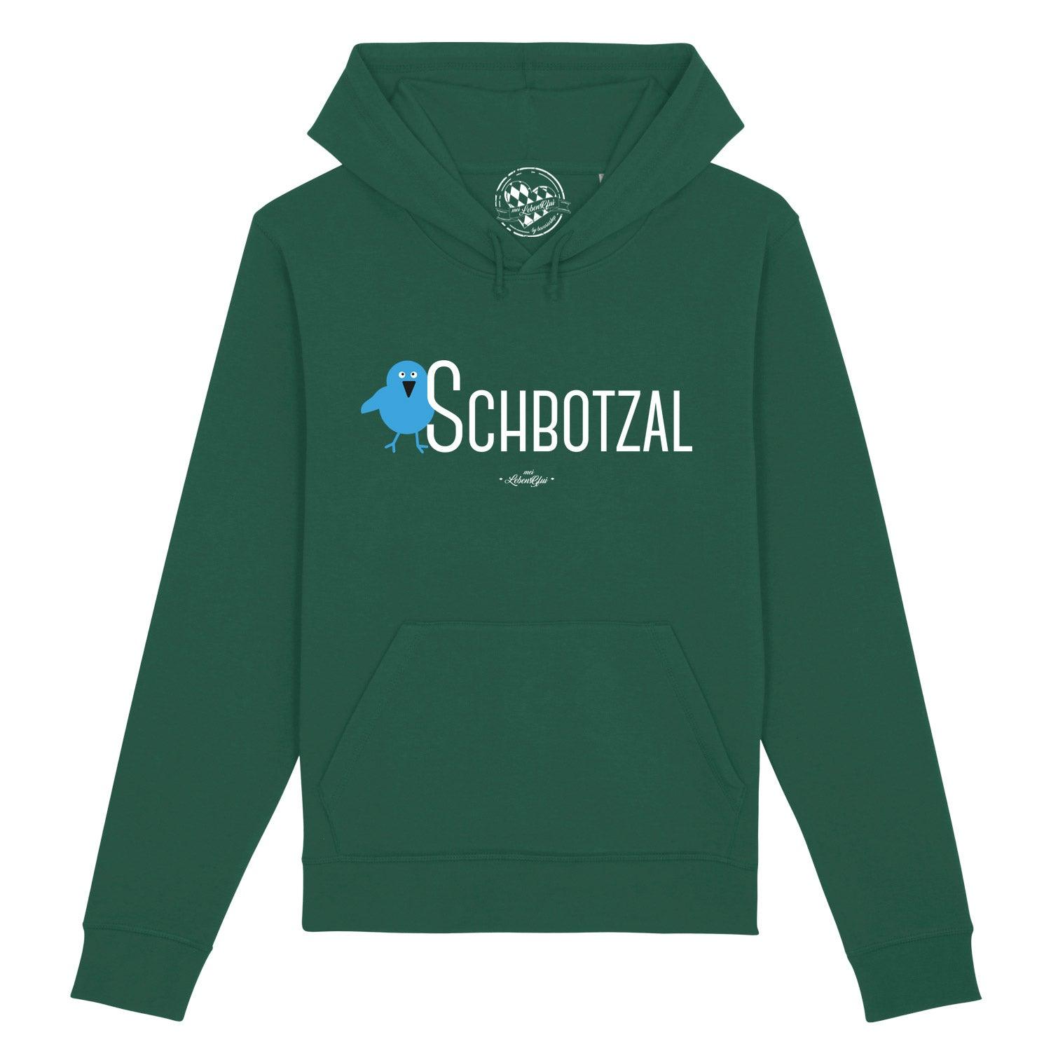 Dunkelgrauer Damen-Hoodie mit weißem „Schbotzal“-Schriftzug, Kapuze, Kängurutasche, aus Bio-Baumwolle und Recycling-Polyester.