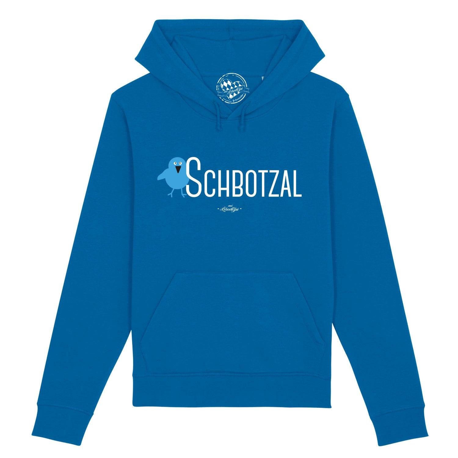 Dunkelblauer Damen Hoodie mit weißem „Schbotzal“-Schriftzug, Kapuze, Kängurutasche; Bio-Baumwolle, taillierter Schnitt.