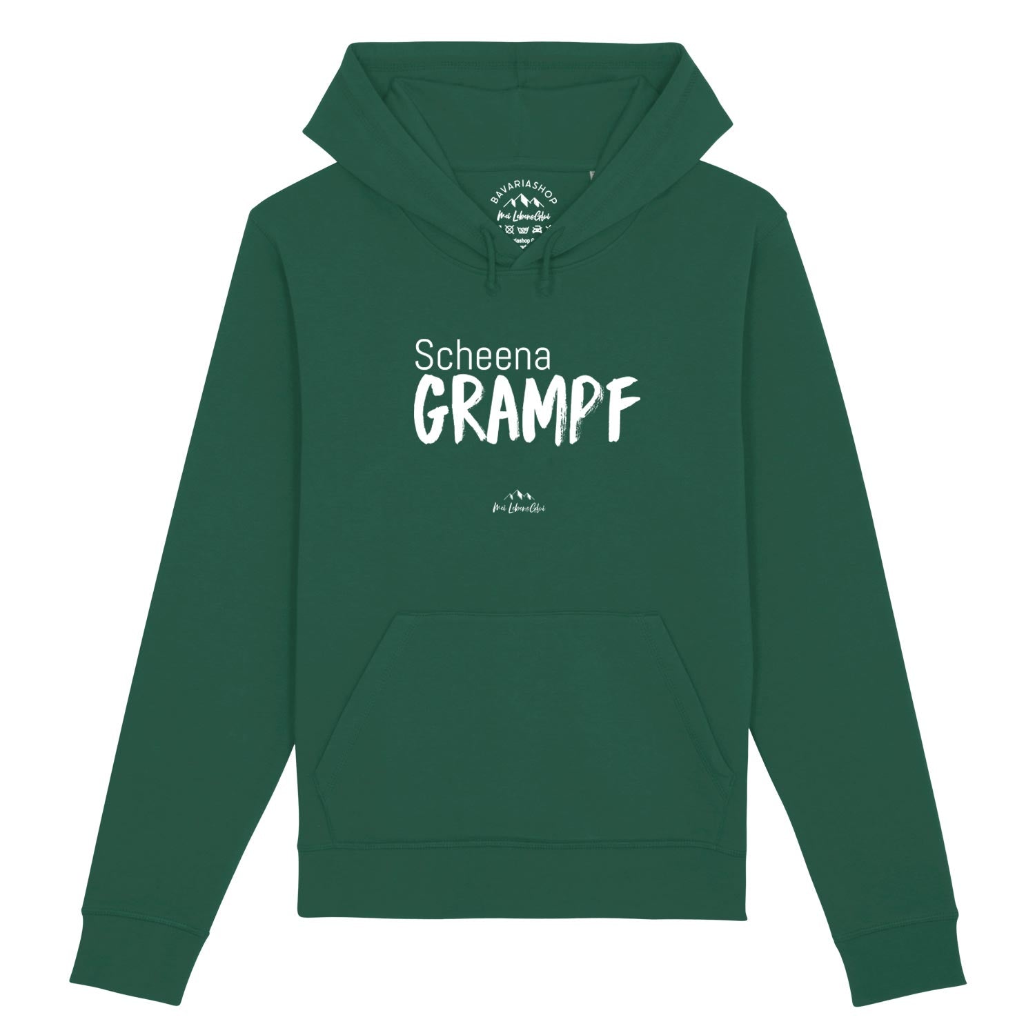 Damen Hoodie mit Frontprint „Scheena Grampf“, Kapuze mit Kordelzug, Kängurutasche, dunkelgrün, Bio-Baumwollmix.