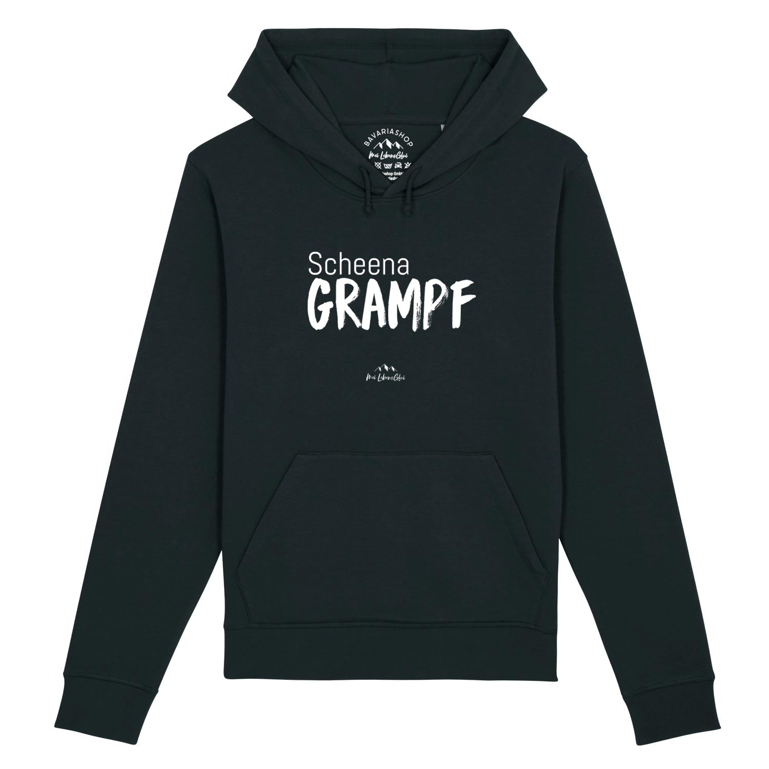 Damen Hoodie mit Kapuze, Frontprint „Scheena Grampf“, Kängurutasche, aus Bio-Baumwolle & Recycling-Polyester.